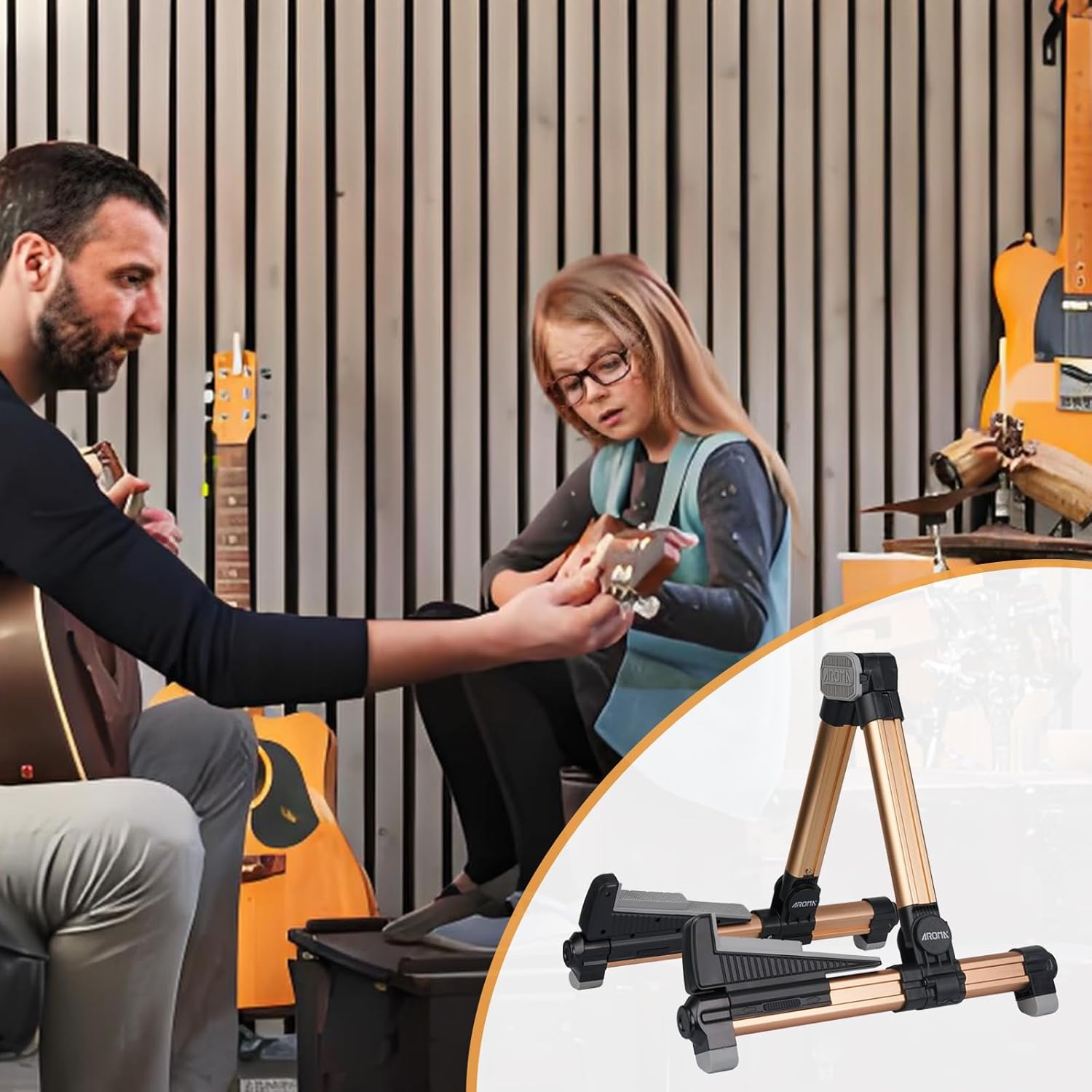 Guitar Stand - Foldable Aluminum Guitar Floor Stand Adjustable for All Types of Guitars, Basses, Ukuleles and Violins, Banjo Easy to Carry Steady Stand Safe Protection (Gold)