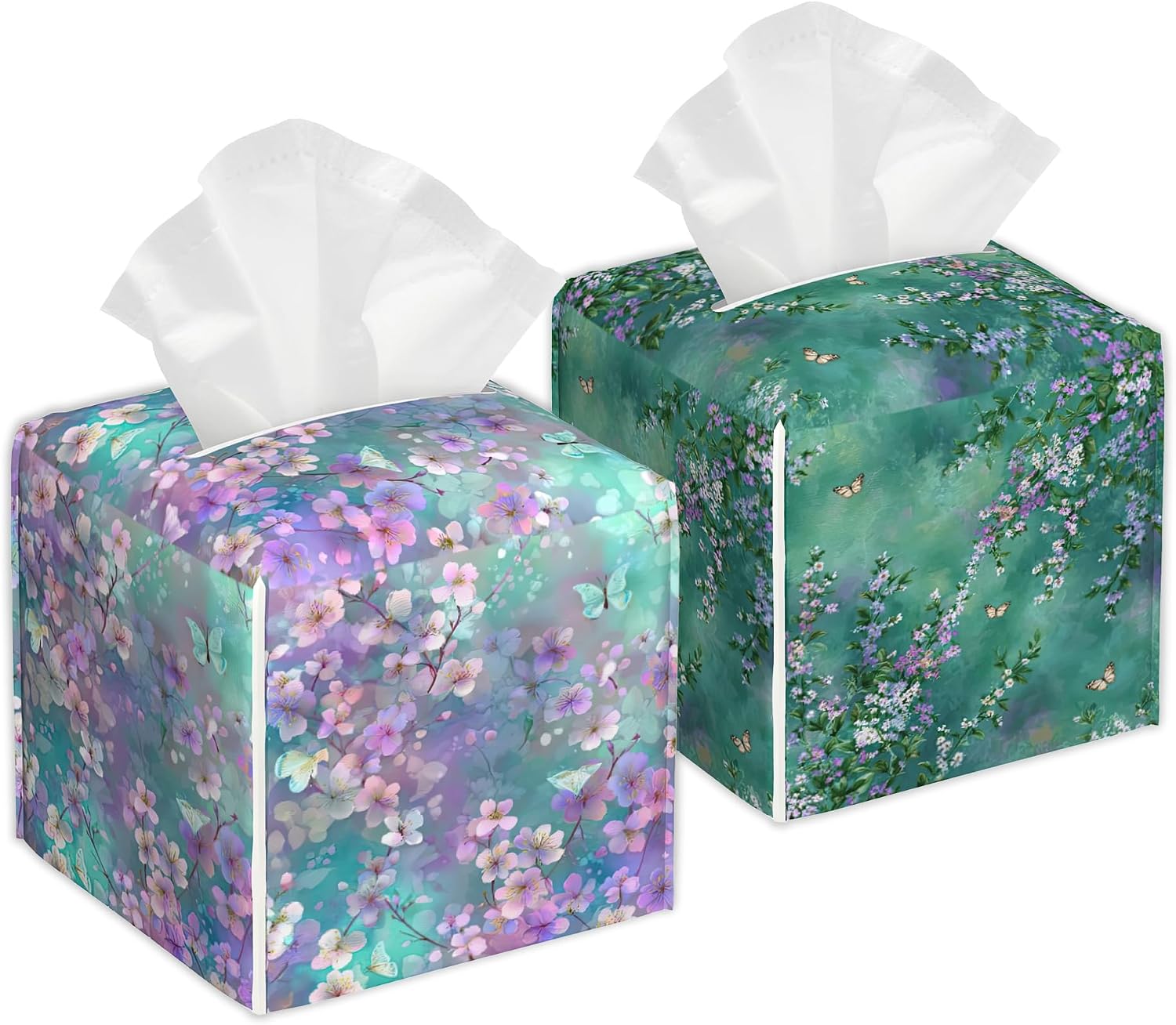 Hummingbird Flowers Spring Tissue Box Cover, Set of 2 Square Leather Tissue Holder Organizer Portable Decorative Facial Paper Case for Home Office Bathroom Vanity Countertop