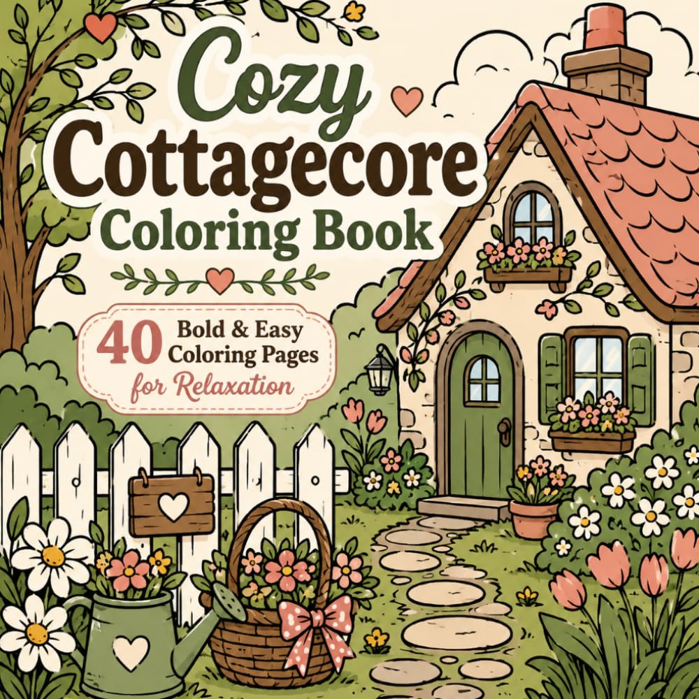 Cozy Cottagecore Coloring Book: 40 Bold & Easy Coloring Pages for Relaxation