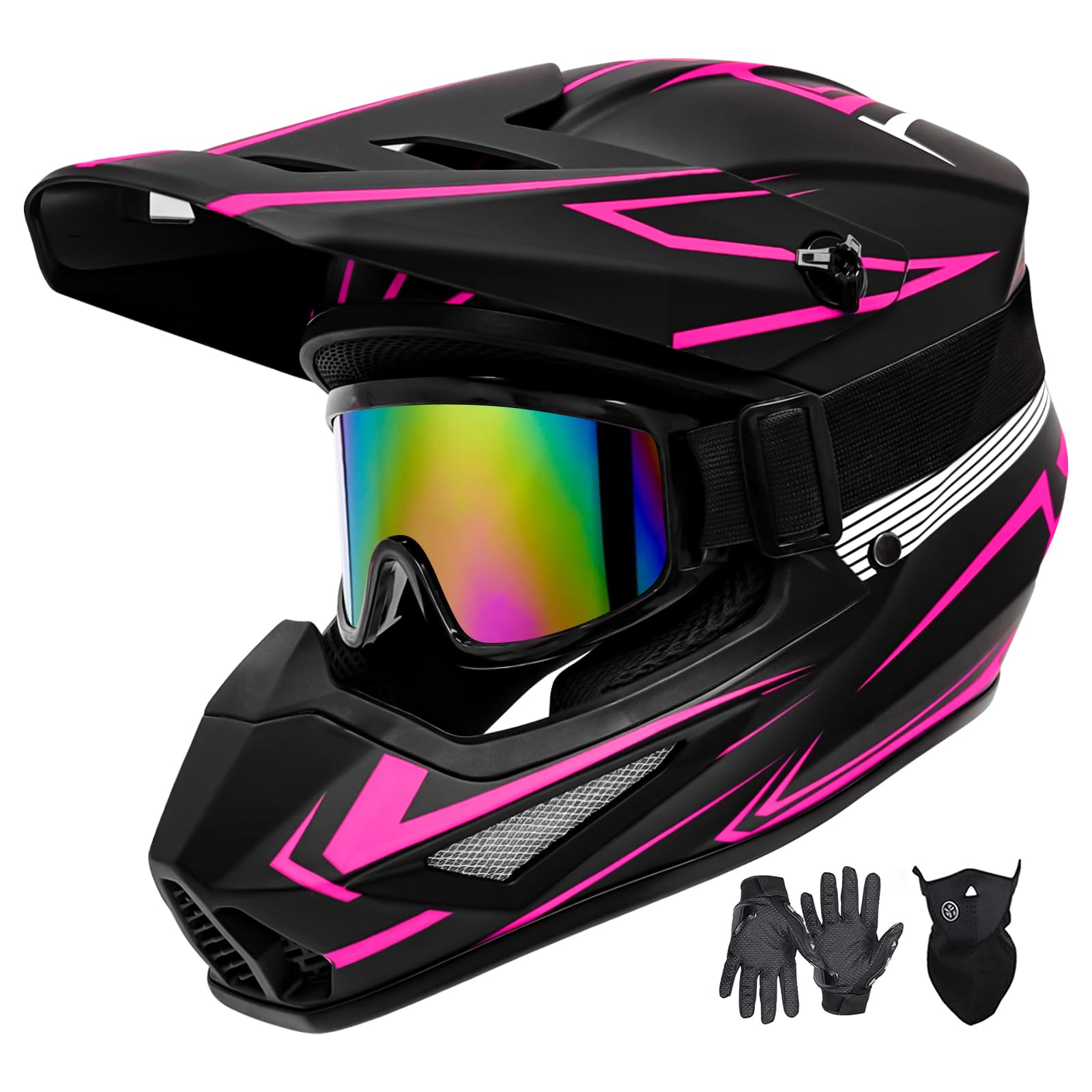 Youth Motorcross Helmet, Kids Motorcycle Dirt Bike Helmets, Adult Off-Road Mountain Bike BMX MX ATV Helmet, Unisex Full-face Helmets, DOT Certified 4 Piece Set (B-Pink, Medium)