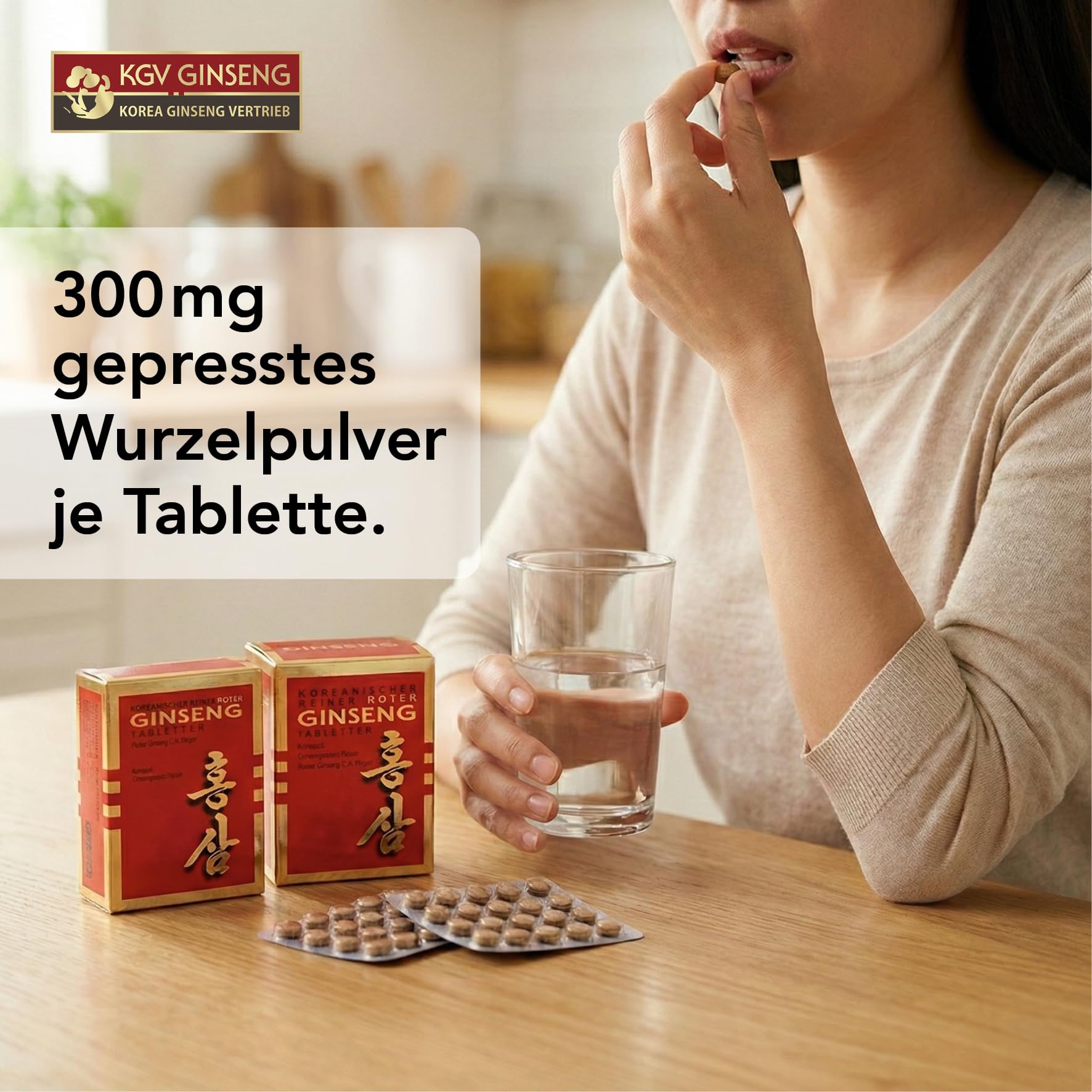 KGV Koreanischer Reiner Roter Ginseng, 60 Tabletten, je 300 mg Ginsengwurzel-Pulver, Arzneimittel mit 6-jährigem Panax Ginseng