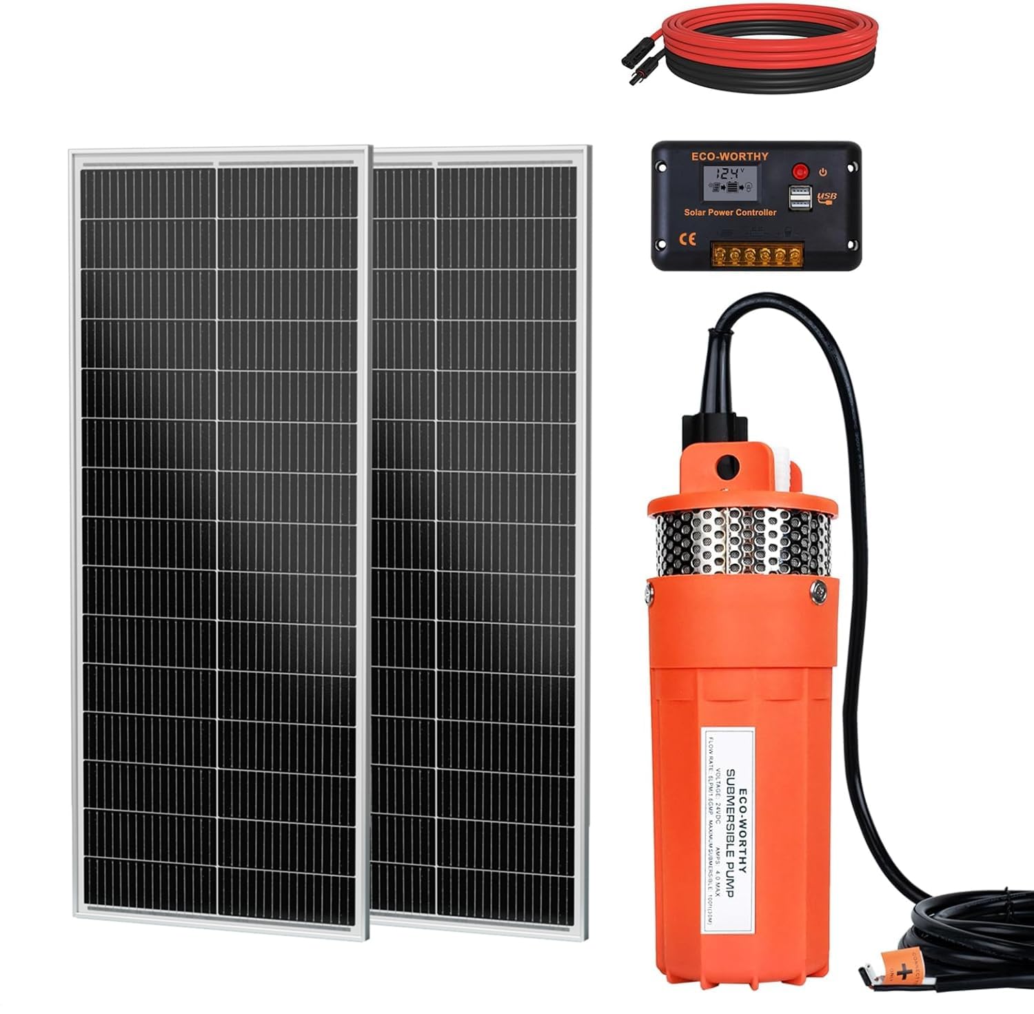 DCHOUSE 200W Solarpumpen Set, 24V Brunnenpumpe + 2 Stück 100W Solarpanel + Controller für netzunabhängige Bewässerung und Viehwasser – LIEFERUNG IN 2 PAKETEN