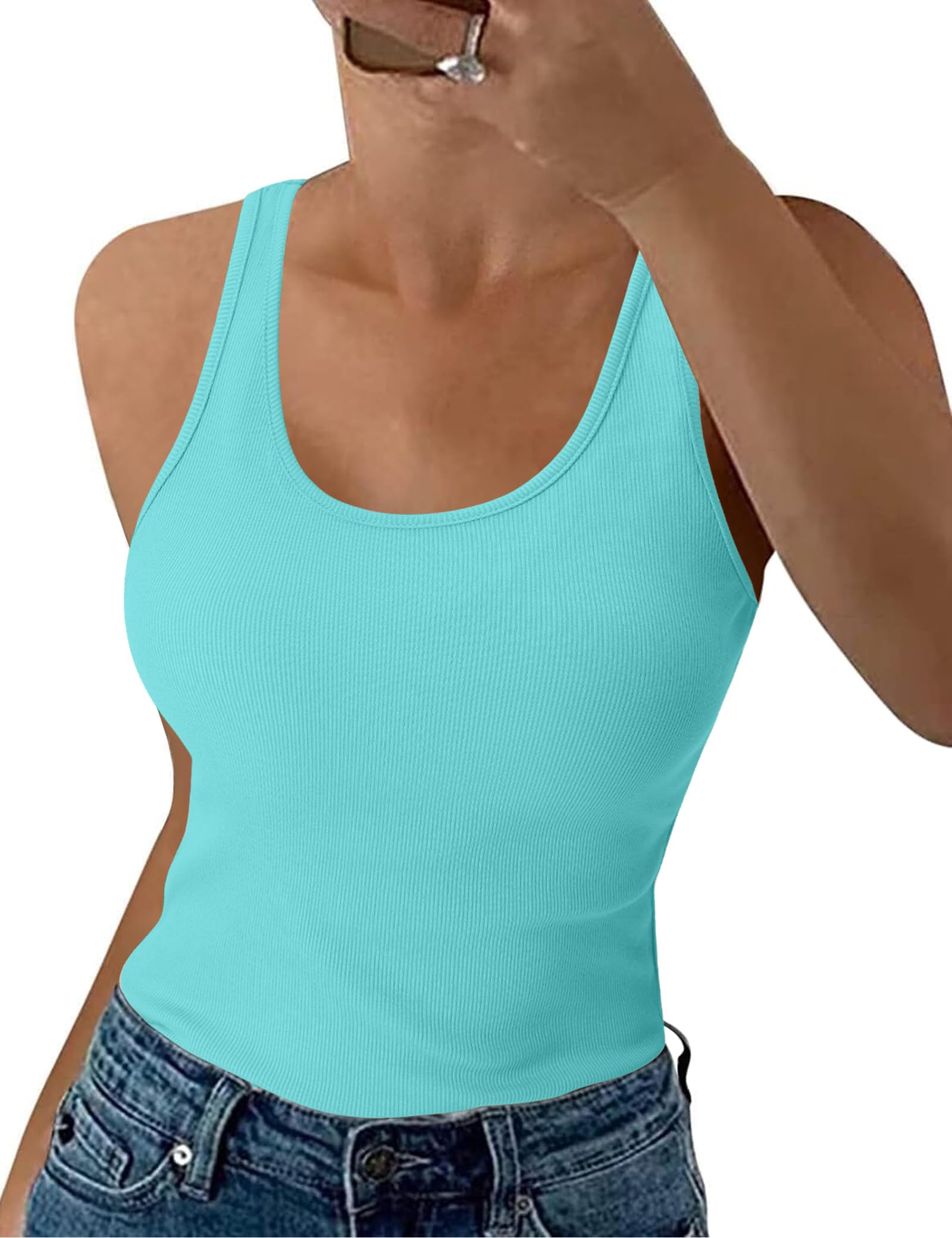 Aottori Damen Tank Top Sommer Slim Fit Oberteile Ärmellos Gerippt Basic Shirt Rundhals Weste Baumwolle Tops Sexy Casual Vest Einfarbig