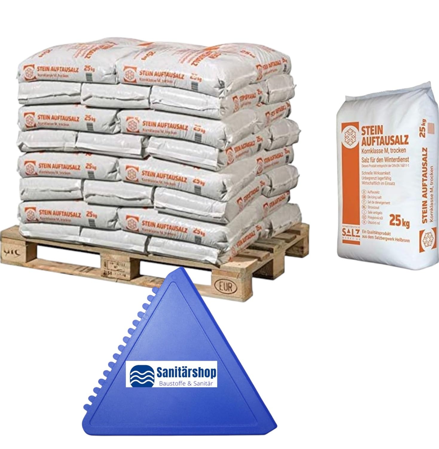 zbs24 Palette de sel de déneigement 40 x 25 kg – Sel de déneigement adapté aux services professionnels d'hiver Sac de 25 kg avec 1 grattoir à glace