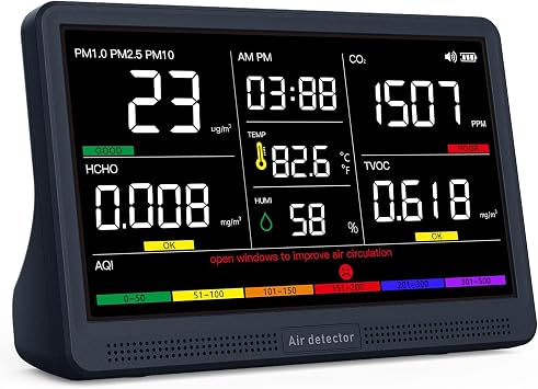 Prefessionall Indoor Air Quality Monitor with 7X AQI Beep Alarms,16 in 1 Portable Real-Time Detector for PM2.5 | PM10 | CO2 | TVOC | HCHO | Temp | Hum for Home Cars Plants Pets Obsidian Black