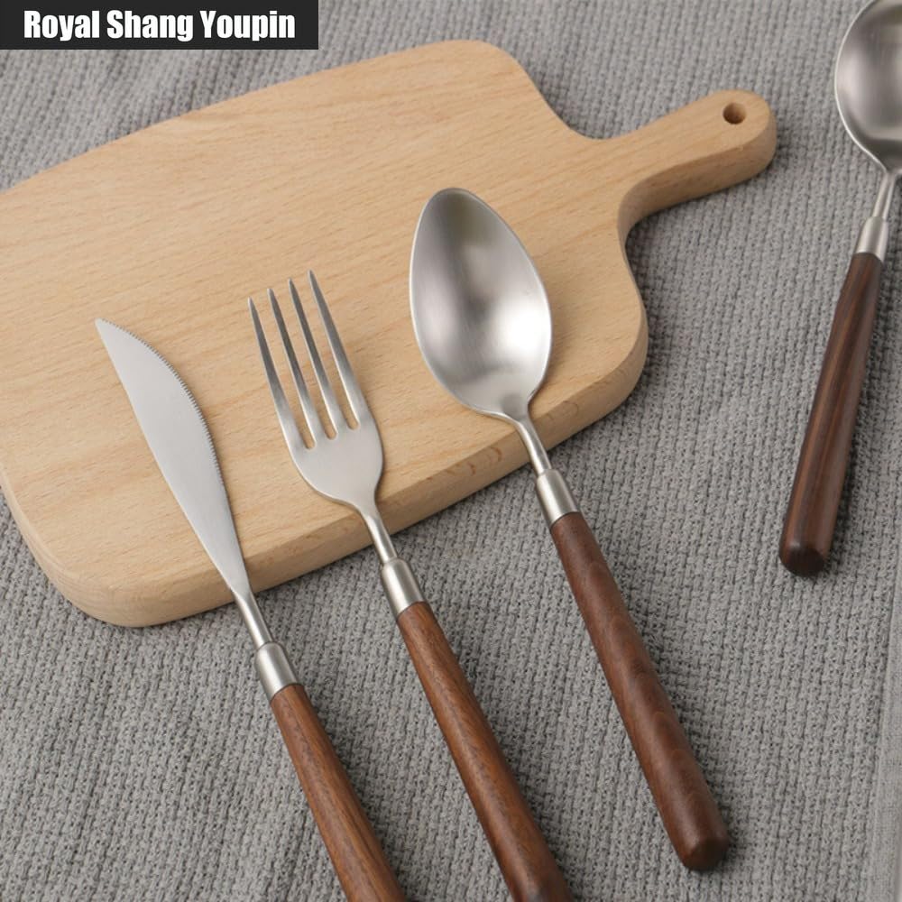 Manico in Noce Massello Cucina Acciaio Inossidabile Posate Stoviglie Posate Coltelli Forchette Cucchiai Set, Coltello Da Bistecca E Forchetta Per Hotel (Punta Cucchiaio 12 pezzi)