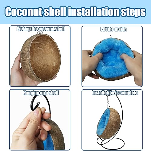 Miniatura 5 de Fhiny Hamaca escondida de hámster de coco, casa de cama de cáscara de coco cruda natural con almohadilla cálida, decoración de hábitat de animales