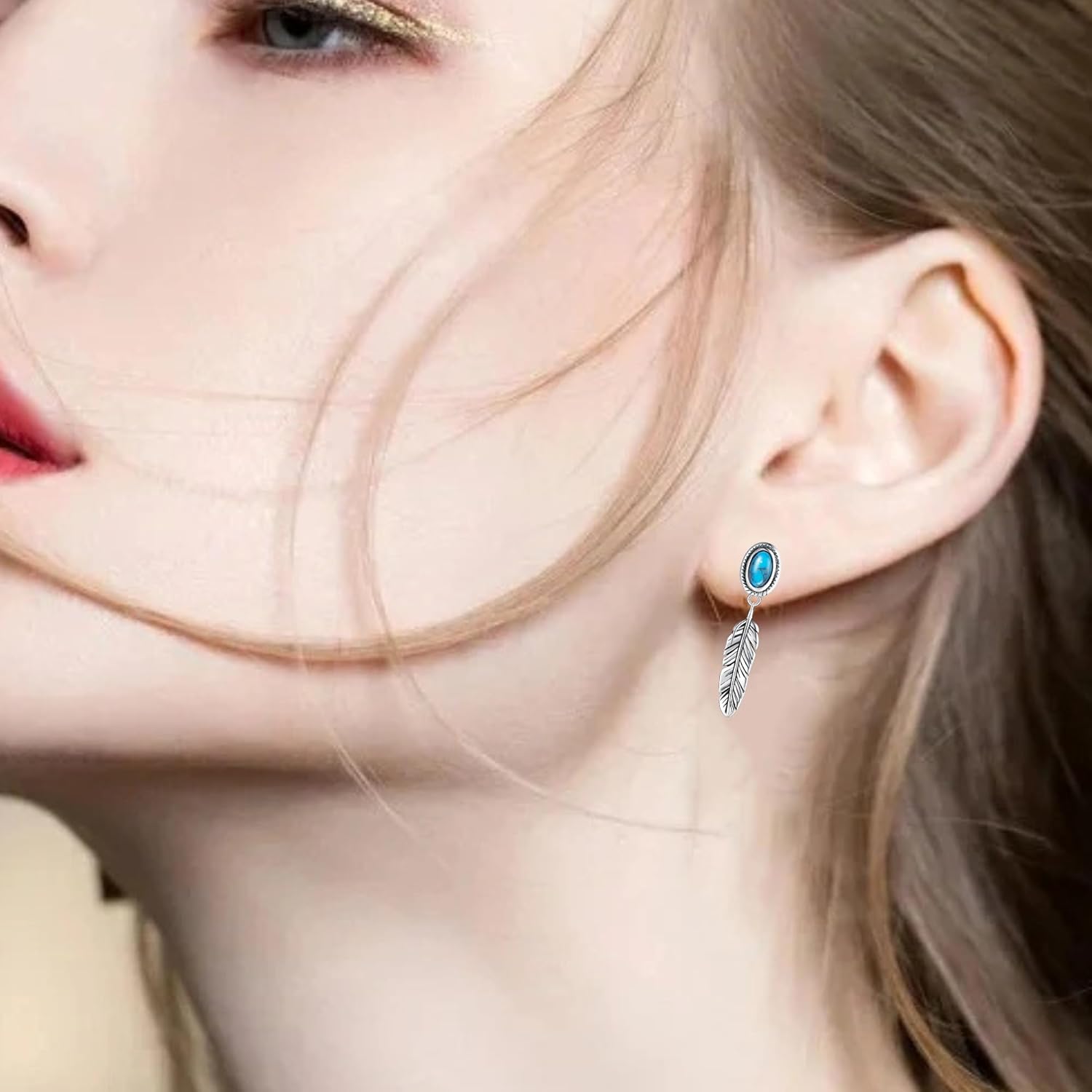 Turquoise Feather Earrings for Women 925 Sterling Silver Turquoise Earrings Dangle Boho Earrings Dangling Bohemian Vintage Native Western Jewelry Gifts - Image 3