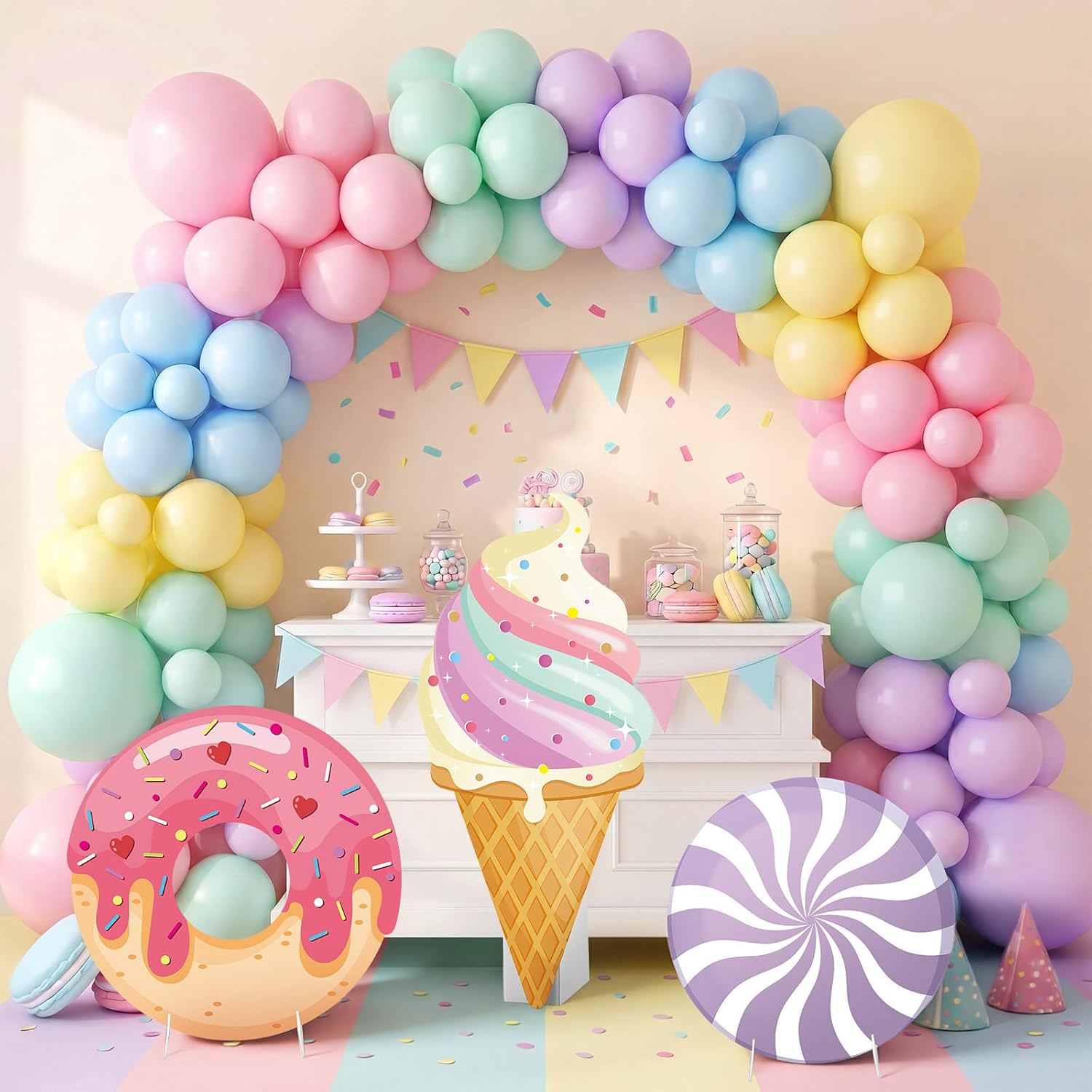 BreezeHug 3 Pcs Sweet Donut Birthday Party Decoration Large Cardboard Cutout Ice Cream Candy Land Decor for Birthday Sweet One Party Supplies Baby Shower Backdrop Favors
