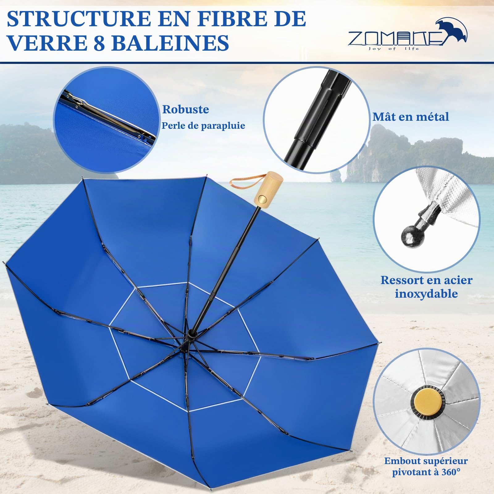 ZOMAKE Parapluie Pliant Anti Uv,Parapluies Compact Automatique Anti TempêTe,Petit Ombrelle Soleil Solide Avec PoignéE En Bois Pour Homme Femme