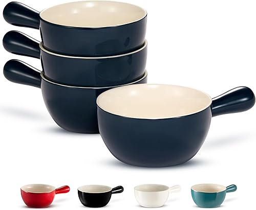 Miniatura 8 de Kook Vajilla de sopa de cebolla francesa, cuencos de cerámica apilables con asas, aptos para horno, microondas y lavavajillas, para cereales, sopas,