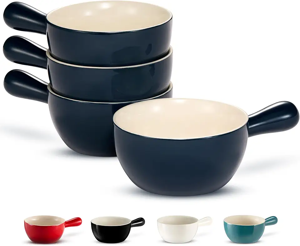 KooK Potes de sopa de cebola francesa, tigelas de cerâmica empilháveis com alças, forno, micro-ondas e lava-louças, para cereais, sopas, caçarolas, com alça, grés, 680 g, conjunto de 4, azul-marinho