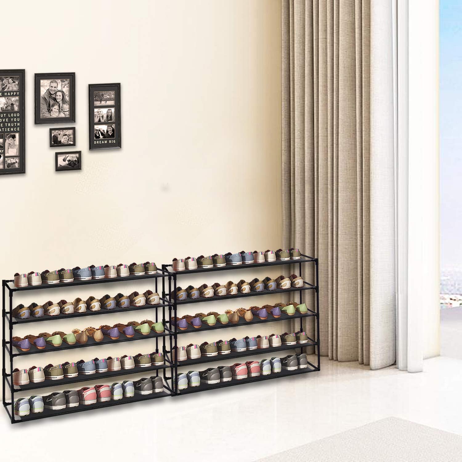 Jerry & Maggie 5 Tier Fabric Shoe Rack, 39 in W x 11 in D x 29 in H, Waterproof and Durable Non-Woven Material, Can Store 20-25 Pairs of Shoes