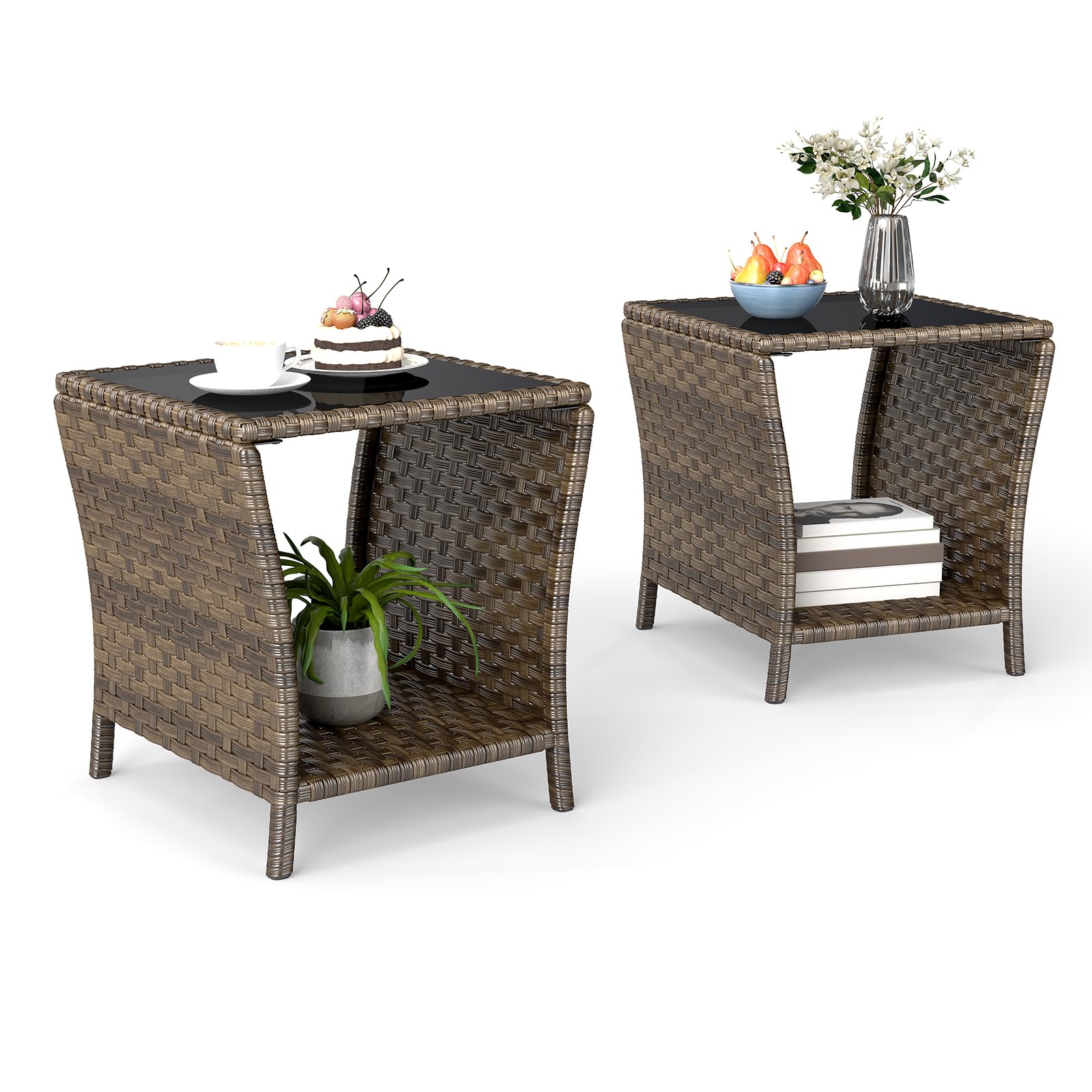 Kinfant Rattan Patio Side Table - Set of 2 Modern Wicker End Table, PE Rattan Coffee Table with Glass Top, Weather-Resistant Patio Furniture for Patio
