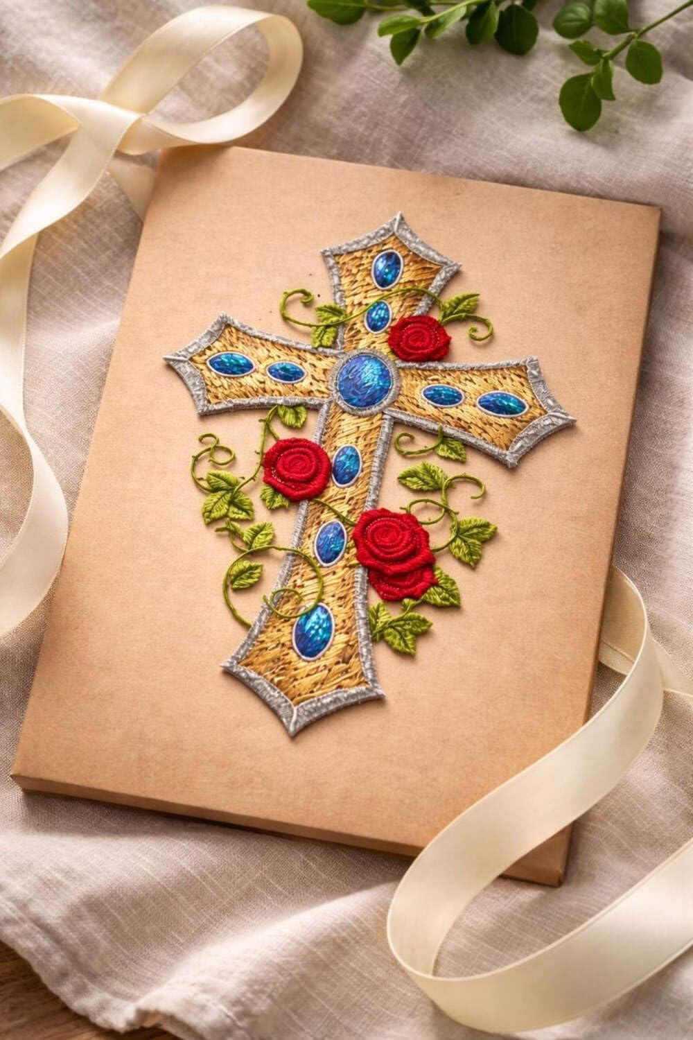 [Custom] Holy Sacred Cross with Nature's Bounty [Cross and Winding Roses] Embroidery Iron On/Sew Patch [7" x 4.76"][Made in USA]