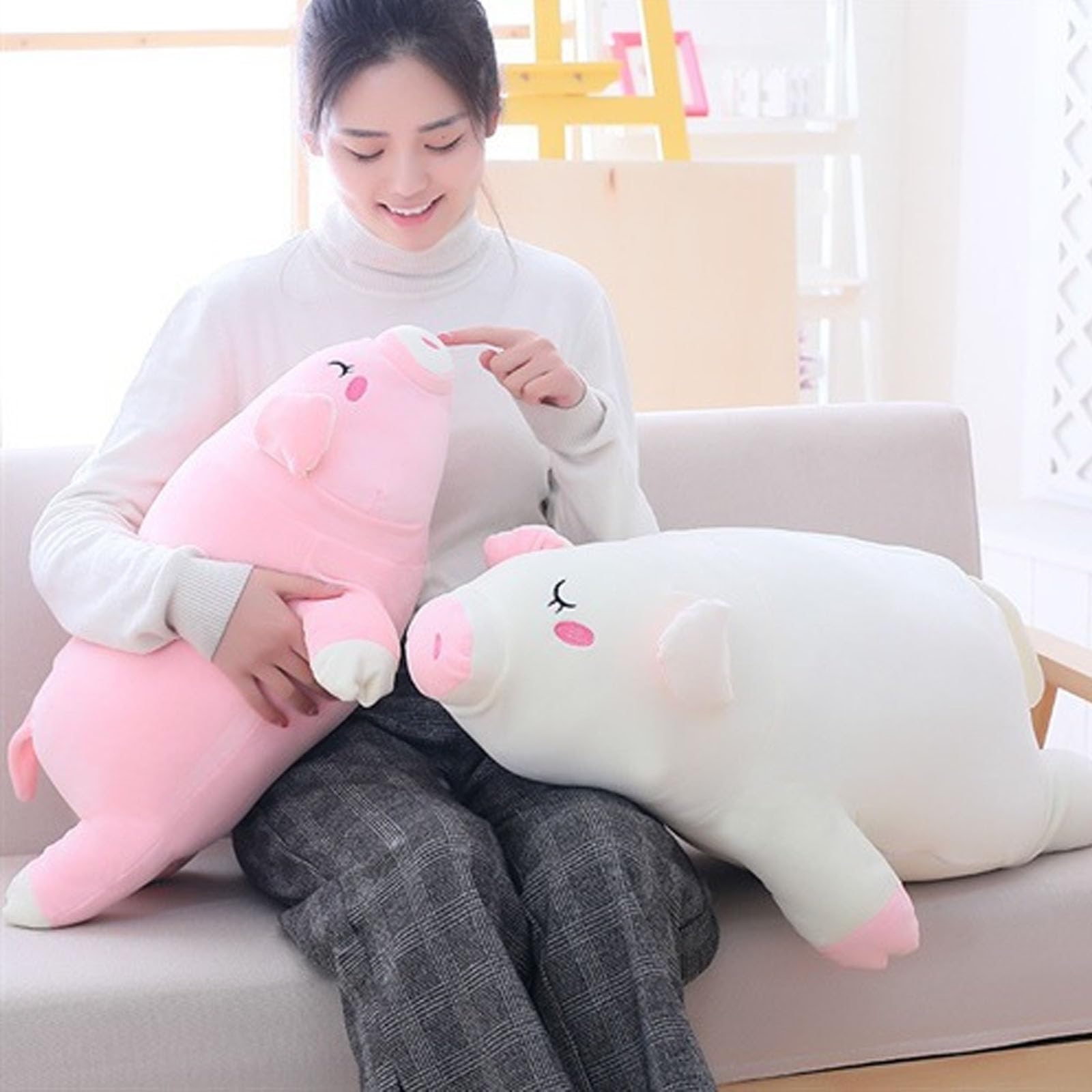 Süßes Rosa Schwein Plüschkissen, kuscheliges Stofftier in verschiedenen Größen, multifunktionales Sofa und Bett Kissen, dekoratives Geschenk für Kinder und Erwachsene (Weiß,90cm)