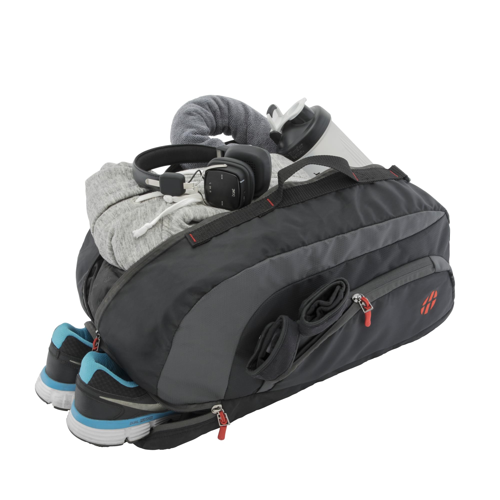 Harissons Jake 31L Water Resistant Duffel Gym Bag for Men & Women | Convertible Travel & Sports Backpack with Shoe Compartment & Easy Front Pocket Access (Black & Grey)