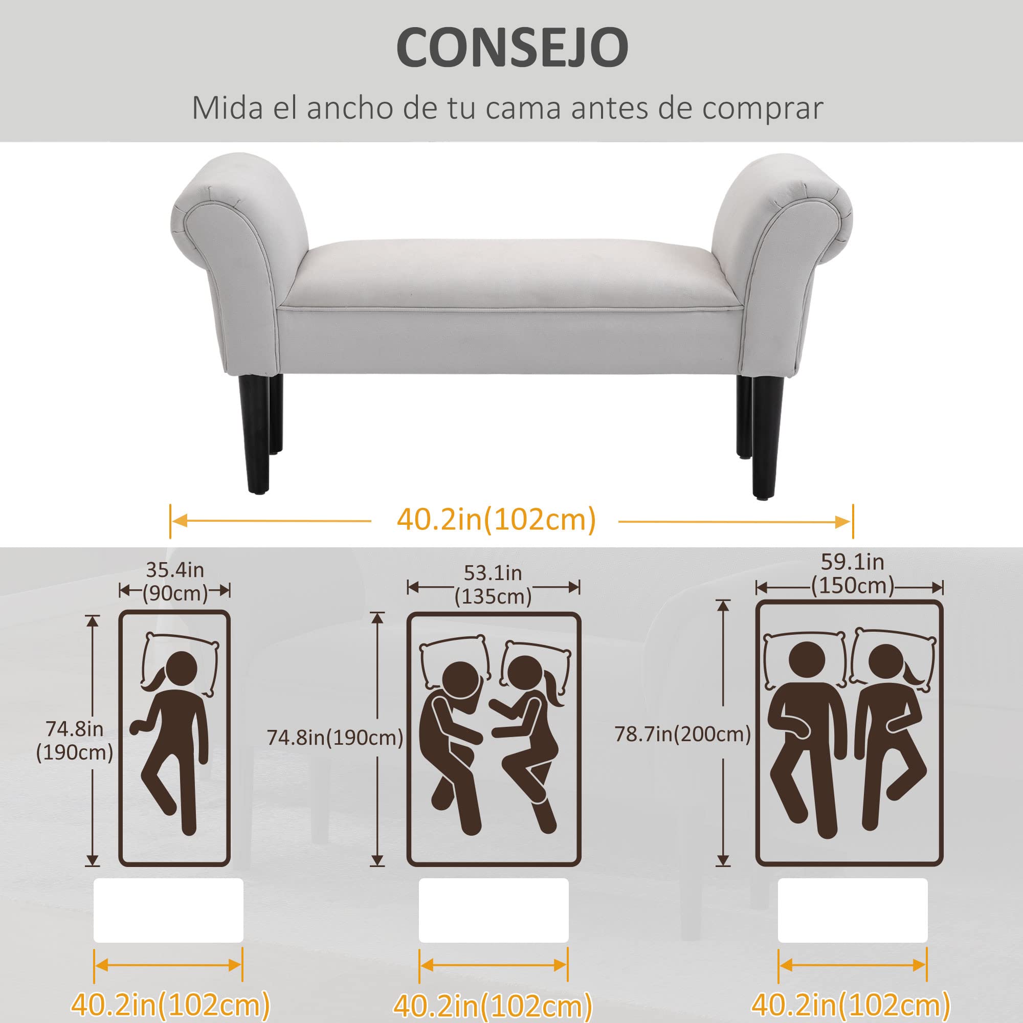 HOMCOM Banco Zapatero Banqueta con Brazos Tapizada Madera 102x36x51cm Carga 130kg