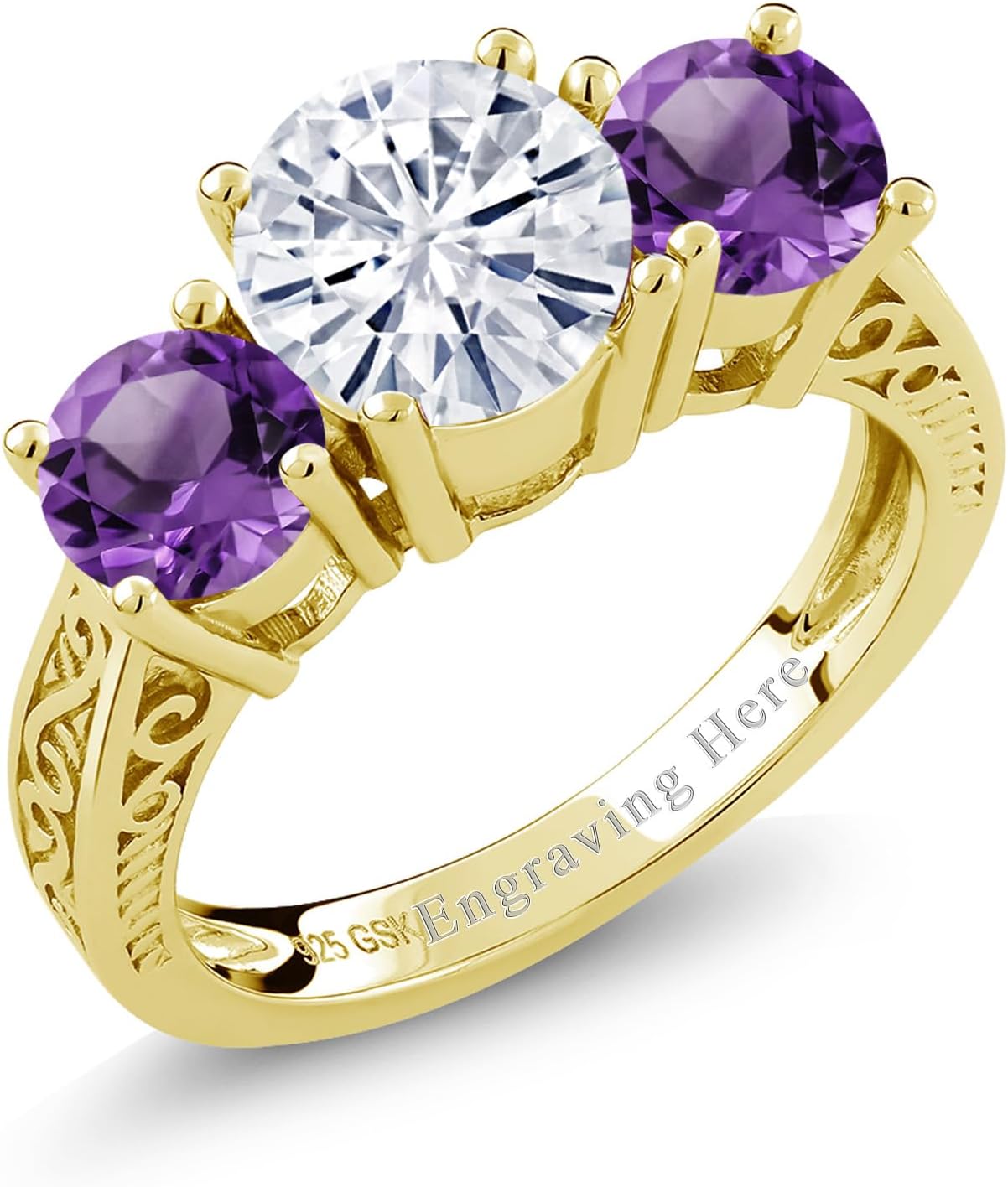 Gem Stone King 18K Yellow Gold Plated Silver Customized and Personalized and Engraving 3 Gemstone Birthstone For Her 3-Stone Promise Engagement Ring For Women | Round 7MM and 5MM