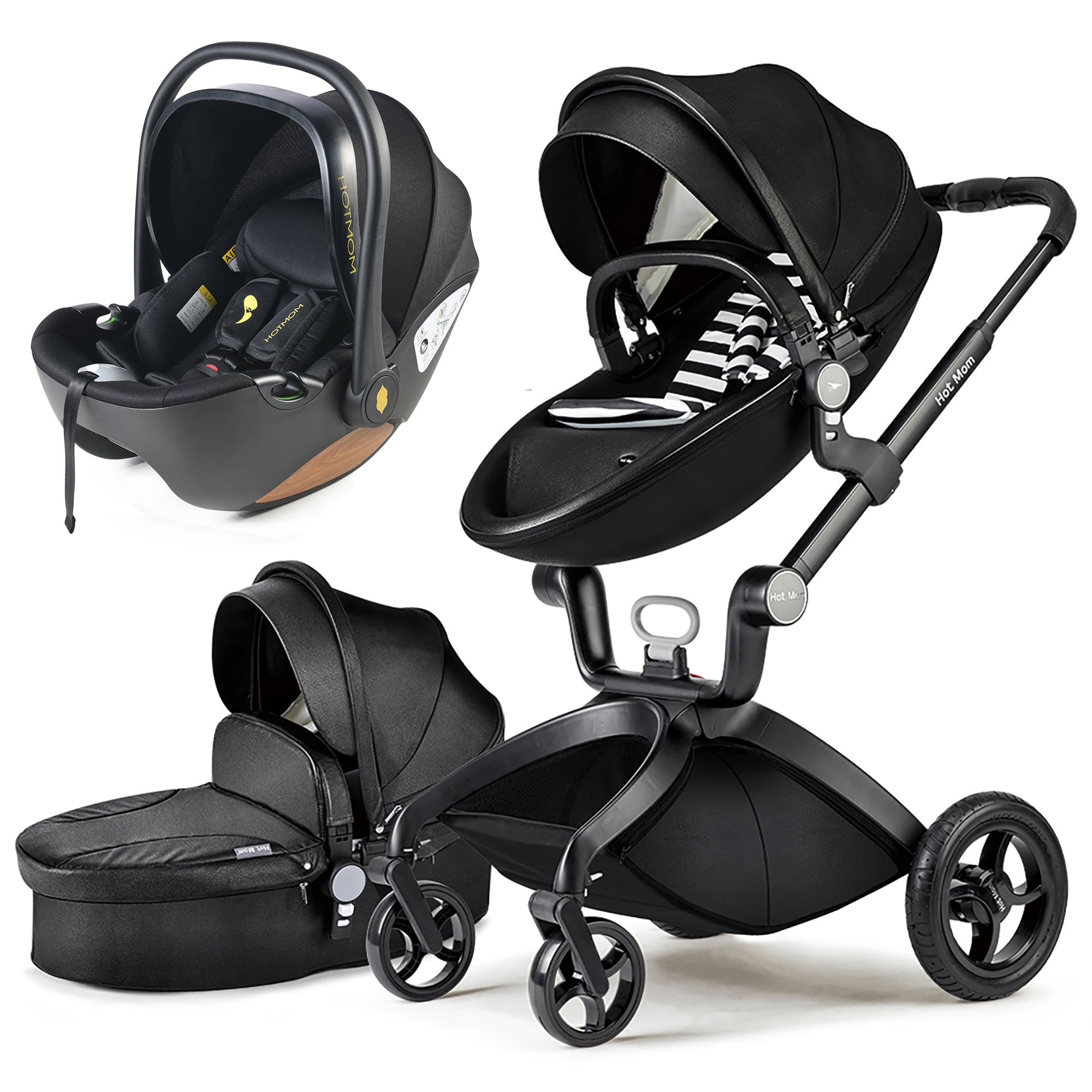 Hot Mom Kinderwagen 3in1 Set Klassik Kombikinderwagen, Modell F22 mit Alu-Rahmen/Vollgummireifen (Schwarz)