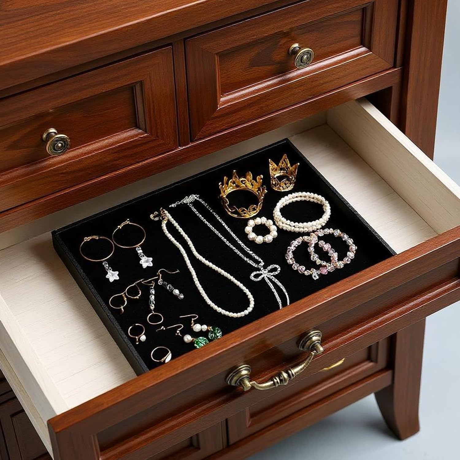 JJUNW 6 Pcs Black Velvet Stackable Jewelry Organizer Trays, 13.8" x 9.5" Large Size Display & Storage Necklace Bracelet Ring Showcase Display Empty Plate for Necklace Earring Ring Bracelet