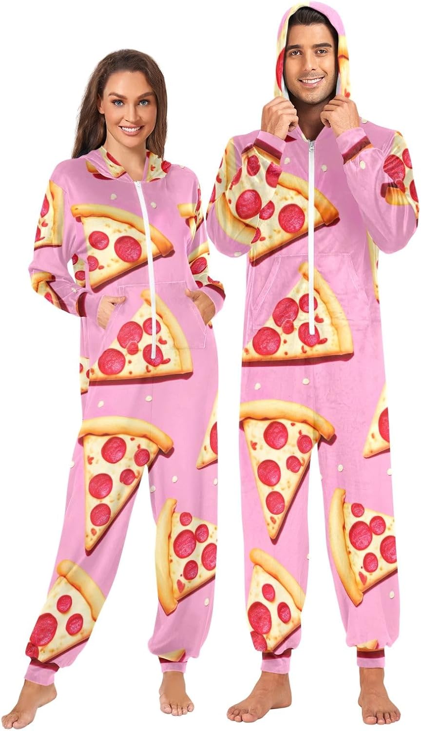 GAIREG Pink Pizza Adult Onesie Pajamas, Soft Crystal Velvet One Piece Jumpsuit Sleepwear for Men Women