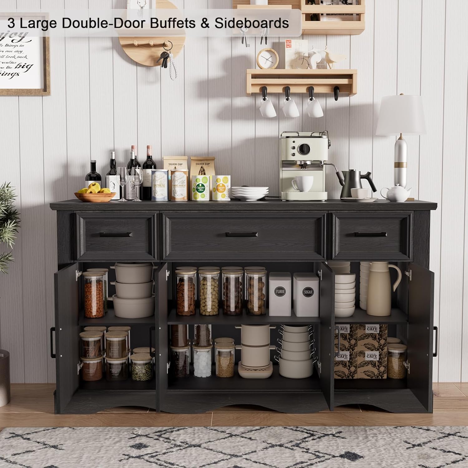 56" Buffet Cabinet with Storage, Farmhouse Sideboard Buffet with 3 Drawers and 4 Doors, Wood Coffee Bar Cabinet with Adjustable Shelves, Sideboard Storage for Kitchen, Living Room, Entryway, Black
