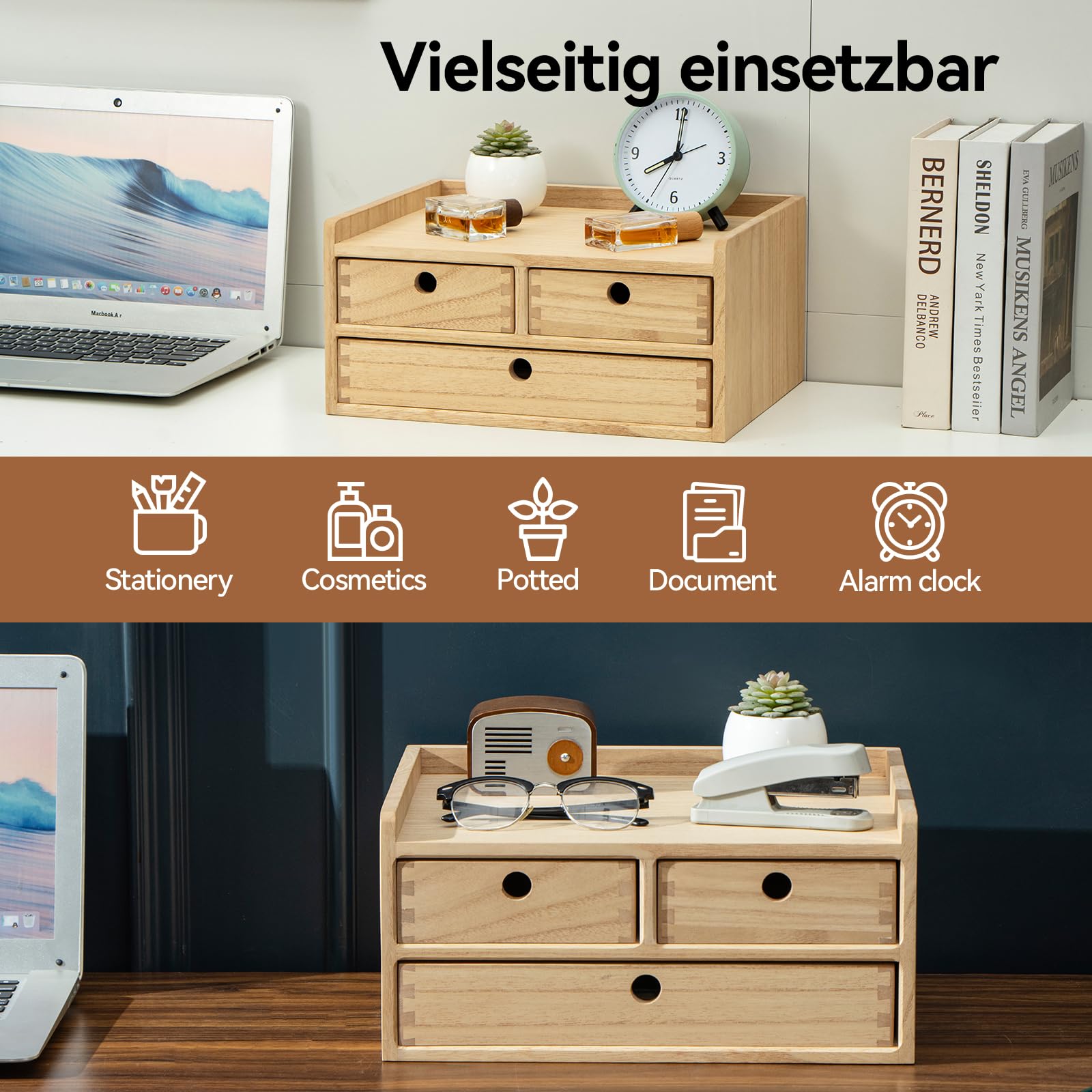 KIRIGEN Schubladenbox Holz, Schreibtisch-Organizer, A4-Fach, Natur | 35 x 27 x 16,7 cm, 3 Schubladen, Ablagefach, Massivholz, handgefertigt, fertig montiert, Zapfenverbindungen, Pflanzenöl