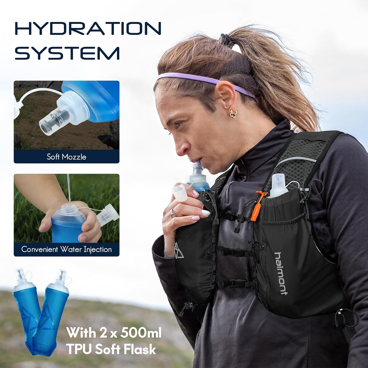 Haimont Running Hydration Vest with Water Bottles for Men Women, Lightweight 10L Hydrated Vest Pack for Trail Running, Hiking