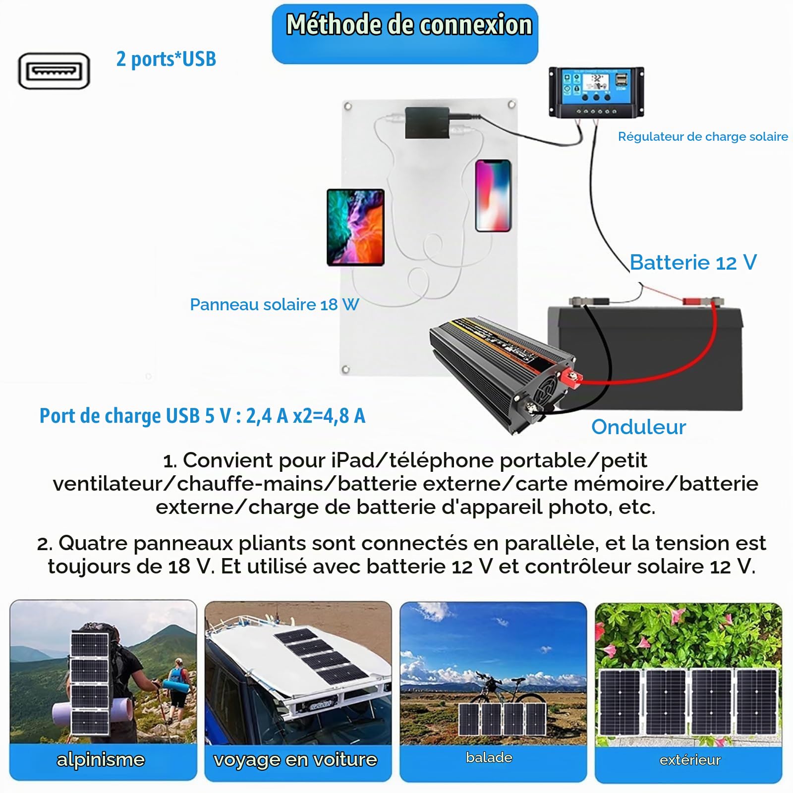 Kit Solaire 400W avec Onduleur Pur Sinus 110V/220V Et Régulateur MPPT 30A – Système Autonome pour Camping-Car, Chalet, Bateau, Secours Électrique(Black,12V-220V)