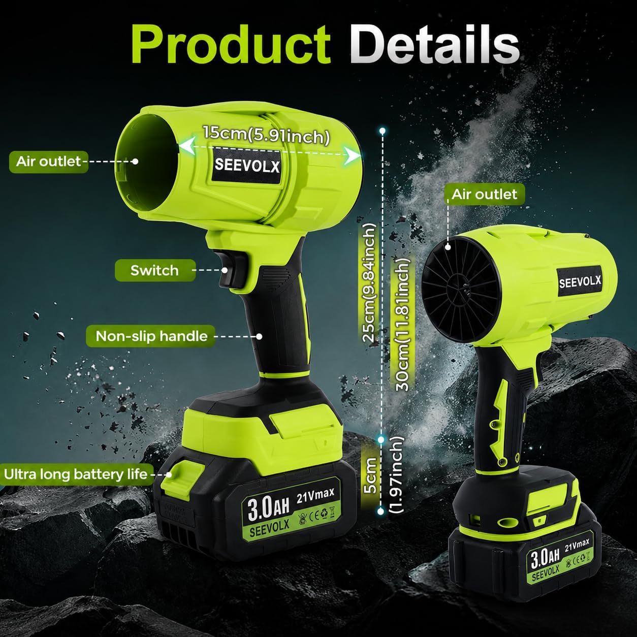 SEEVOLX Cordless Leaf Blower with 21V 3.0Ah Battery & Charger, 700 CFM Lightweight Handheld Blower, 800,000 RPM, 50+ m/s for Lawn, Patio, Leaves, Dust & Car Drying, Emerald Green image 2