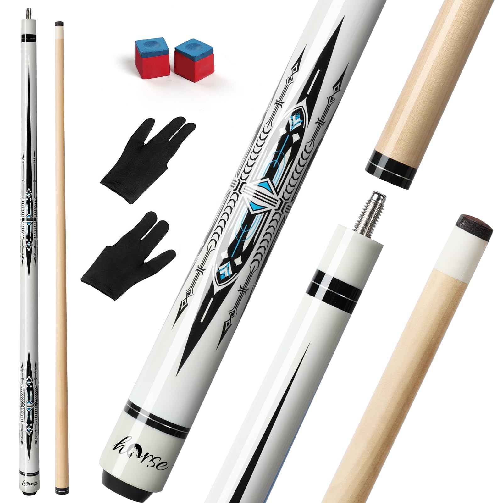 Horse 58" 19oz Pool Cue Stick with Maple Shaft, 1/2 Joint, 13mm Tip, White Gloss Finish & Gothic Style - Includes 2 Gloves & 2 Chalks, Beginner Billiard Pool Cue for Adult Home & Bar Entertainment