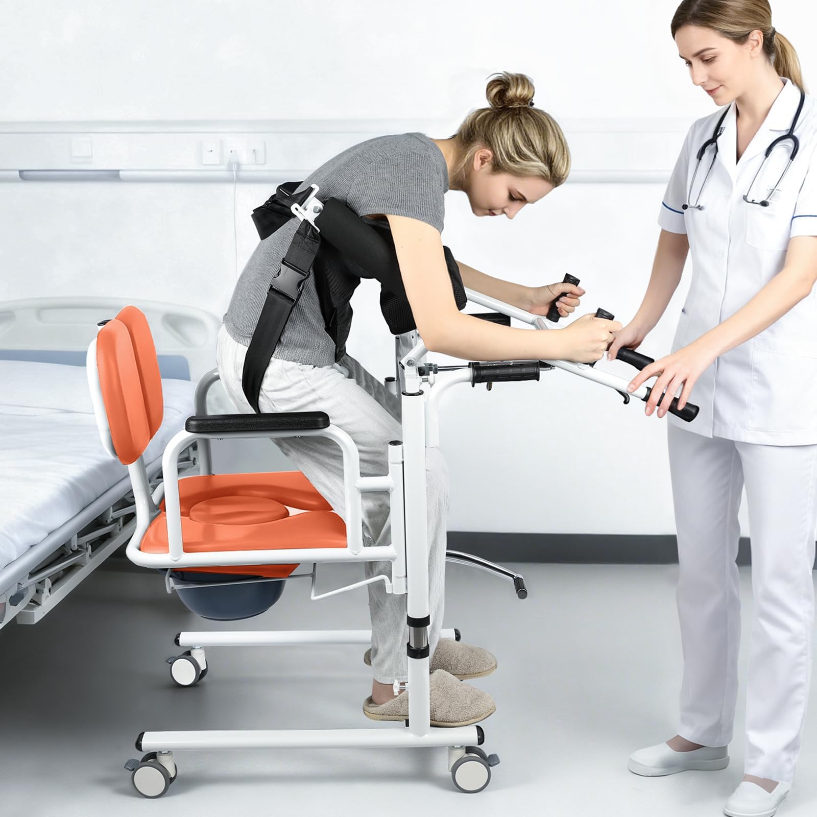 Silla Grua de Transferencia para Discapacitados Pacientes | Elevador Hidráulico 200kg, Asiento 180°, Altura 41-65cm, 4 Ruedas con Frenos, Uso en Hogar/Residencia/Hospital