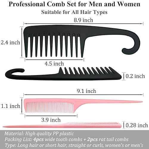 Miniatura 2 de Juego de 6 peines de cola de rata, peine de dientes grandes y anchos, peines de ducha para cabello húmedo o seco, peines para desenredar rizos,