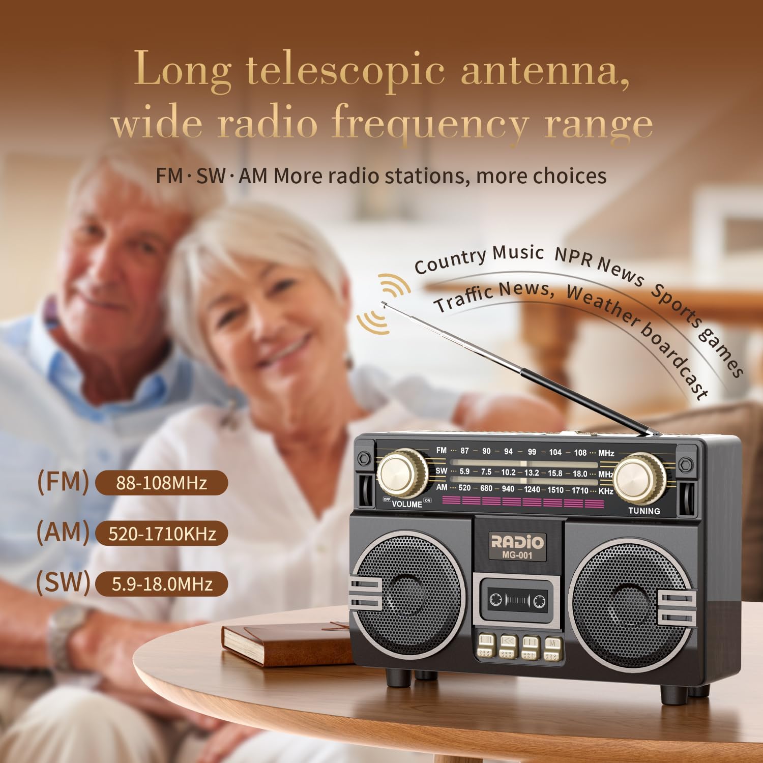 AM FM Radio Portable with Double Loudspeaker, USB-C Rechargeable Retro Radio, Transistor Radios with Excellent Reception, Large Knob Easy to Use, Radios Portable AM FM, for Seniors Home Outdoor