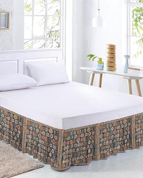 Blue Flower Print Bed Skirt King Size 18 Inch Drop, Adjustable & Elastic Wrap Around Bed Skirts Pleated Luxury Dust Ruffles for Twin Full Queen Cal King Base Bed, Farmhouse Boho Decorative Patterns
