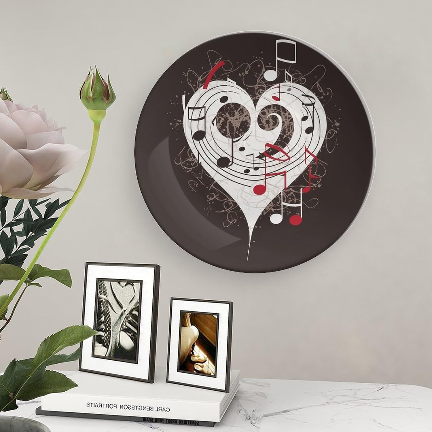 Music Symbols Love Decorative Plates for Display Round Porcelain Plate Living Room Table Ceramic Hanging Decorative Plate Art Decor for Living Room Table with 1 Display Stand 8inch