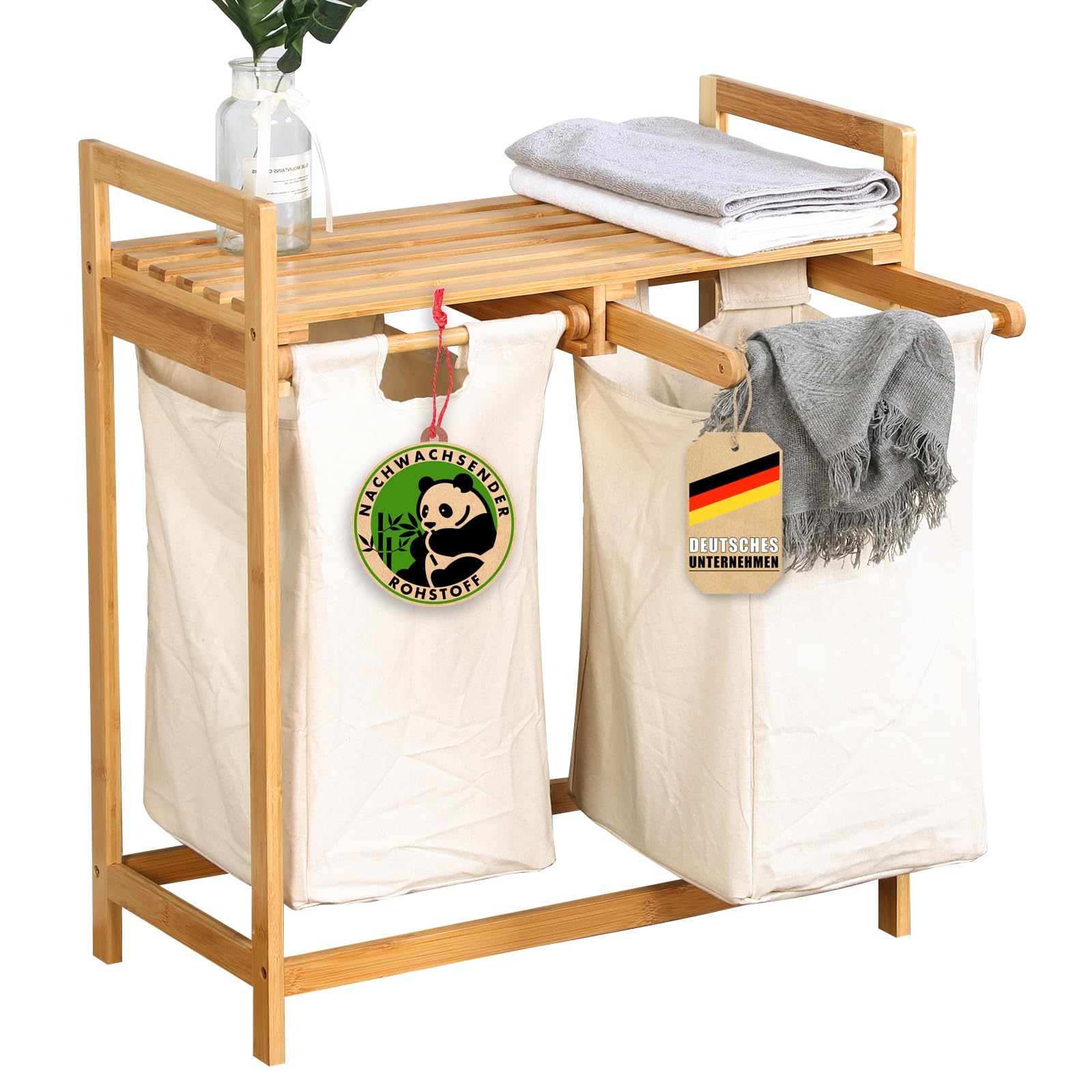 KARAT - Panier à Linge en Bambou - Bac à Linge Chambre Salle de Bain - Collecteur de Linge Sale - Trieur en Bois avec bac à Linge - Tri-Linge écologique - Dakota - 33P x 64L x 73H cm