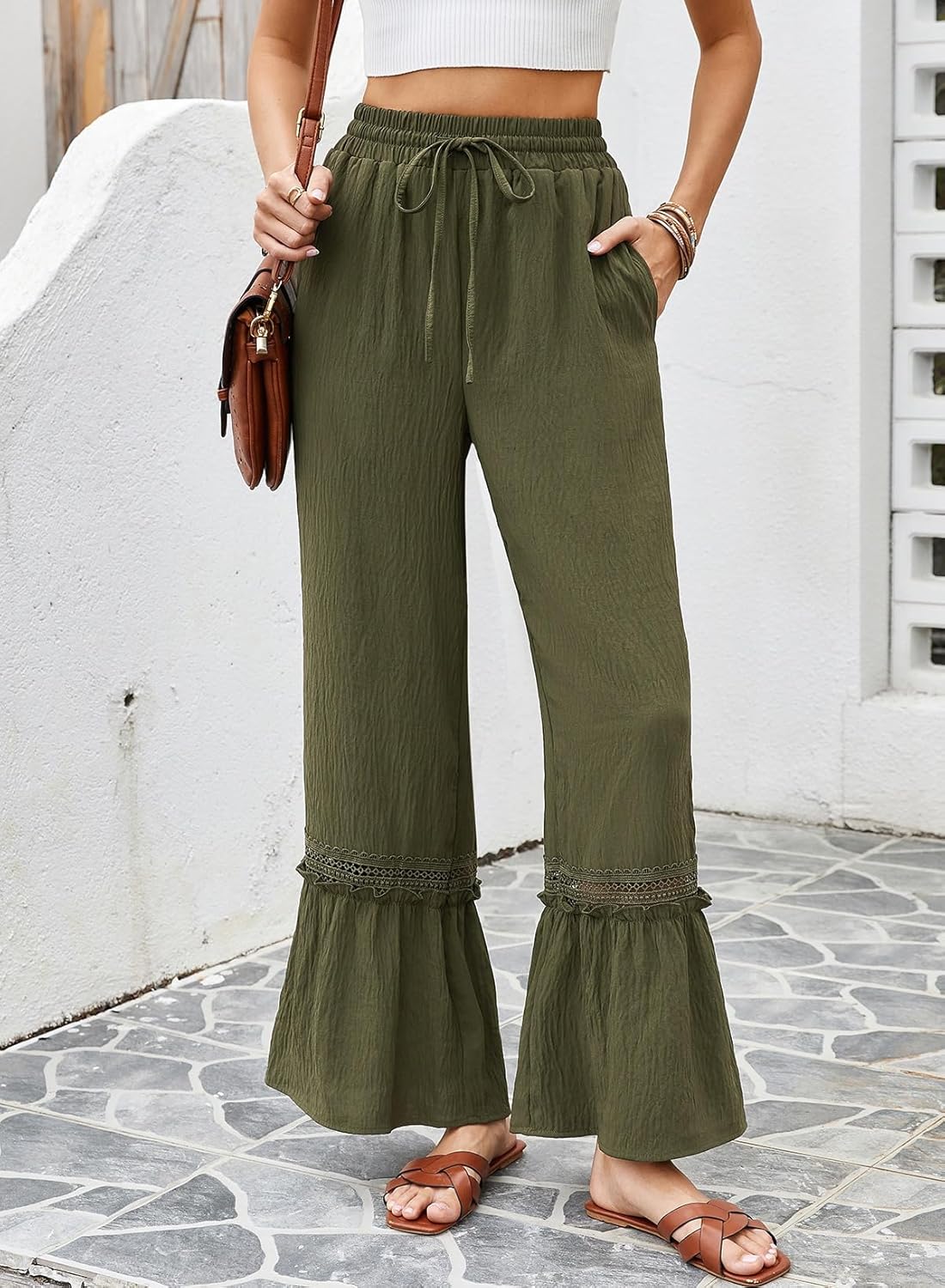 Dokotoo Women's Pants Casual High Waisted Wide Leg Pants Woman Loose Drawstrings Lace Trousers with Pockets - Image 3