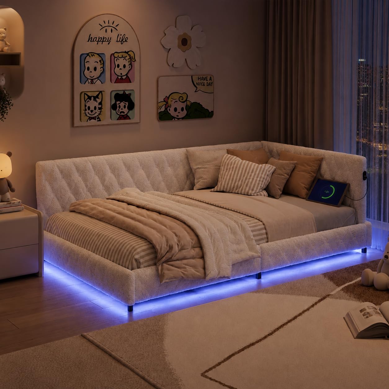 Kinderbett Polsterbett 140x200,Einzelbett Multifunktionsbett mit LED-Beleuchtung und USB-Aufladung,Jugendbett 140x200 mit Led,Bettgestell mit Lattenrost,Ohne Matratze,Teddy Velvet