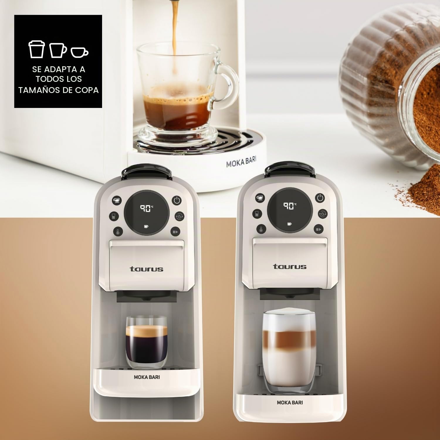 Taurus – Cafetera Espresso Moka Bari | Café molido y cápsulas Nespresso, Dolce Gusto y ESE Pod | 20 bares | 3 niveles de temperatura | Depósito 700 ml | Parada automática | Pantalla digital