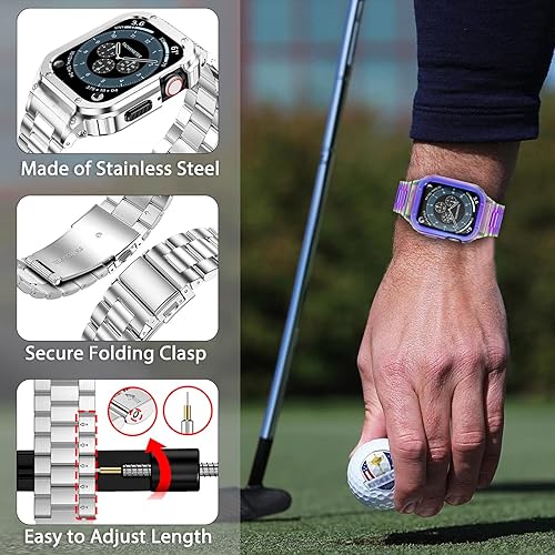 Miniatura 10 de MioHHR Correa de acero inoxidable y funda compatible con Apple Watch de 1.929 in, correa de metal para hombre y cubierta protectora para parachoques