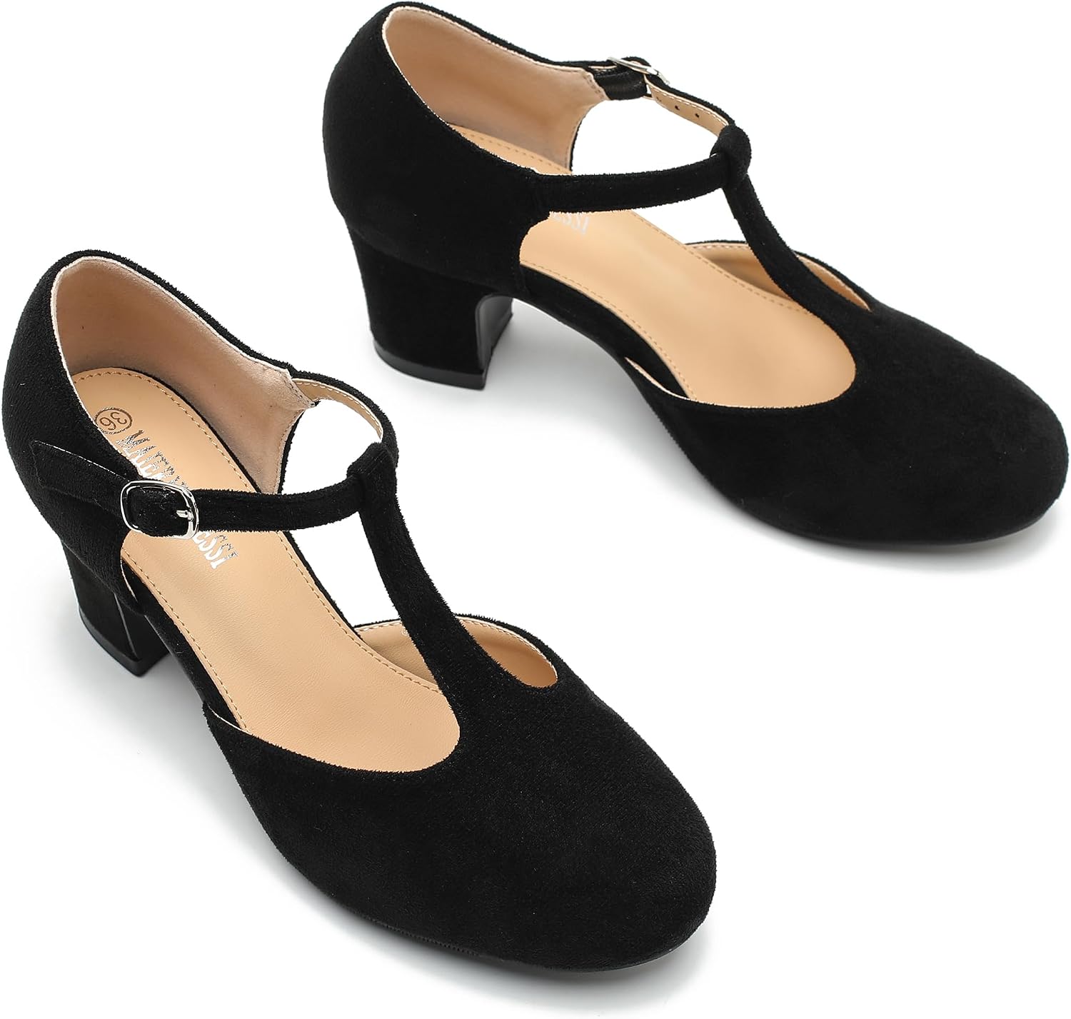 MAIERNISI JESSI Women's T-Strap Mary Jane Pumps, 2.56 Inch Block Heel, Round Toe, Buckle Closure