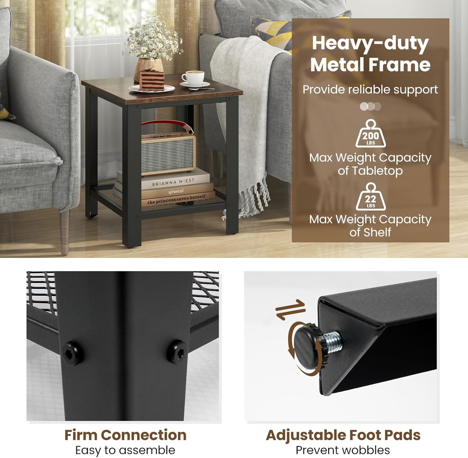 Giantex 2-Tier End Table, 16 Inch Small Side Table w/Mesh Storage Shelf, Industrial Telephone Table with Heavy-Duty Metal Frame, Square Sofa Table for Small Space Living Room, Rustic Brown