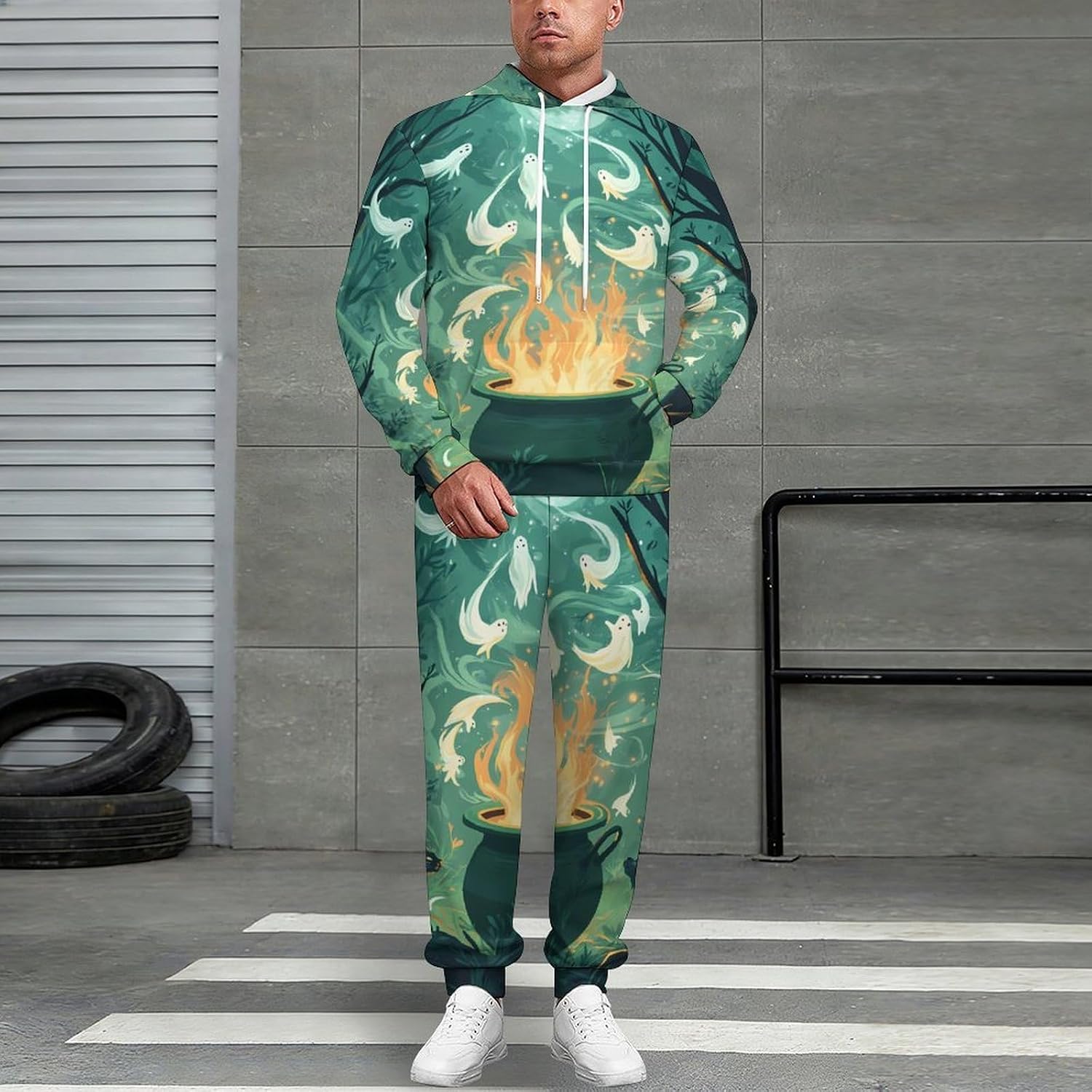 Ghost In Witch Pot Print Adult 2 Piece Tracksuits Hoodie Sweatshirt And Joggers Sweatpants Sweat Suit Outfits