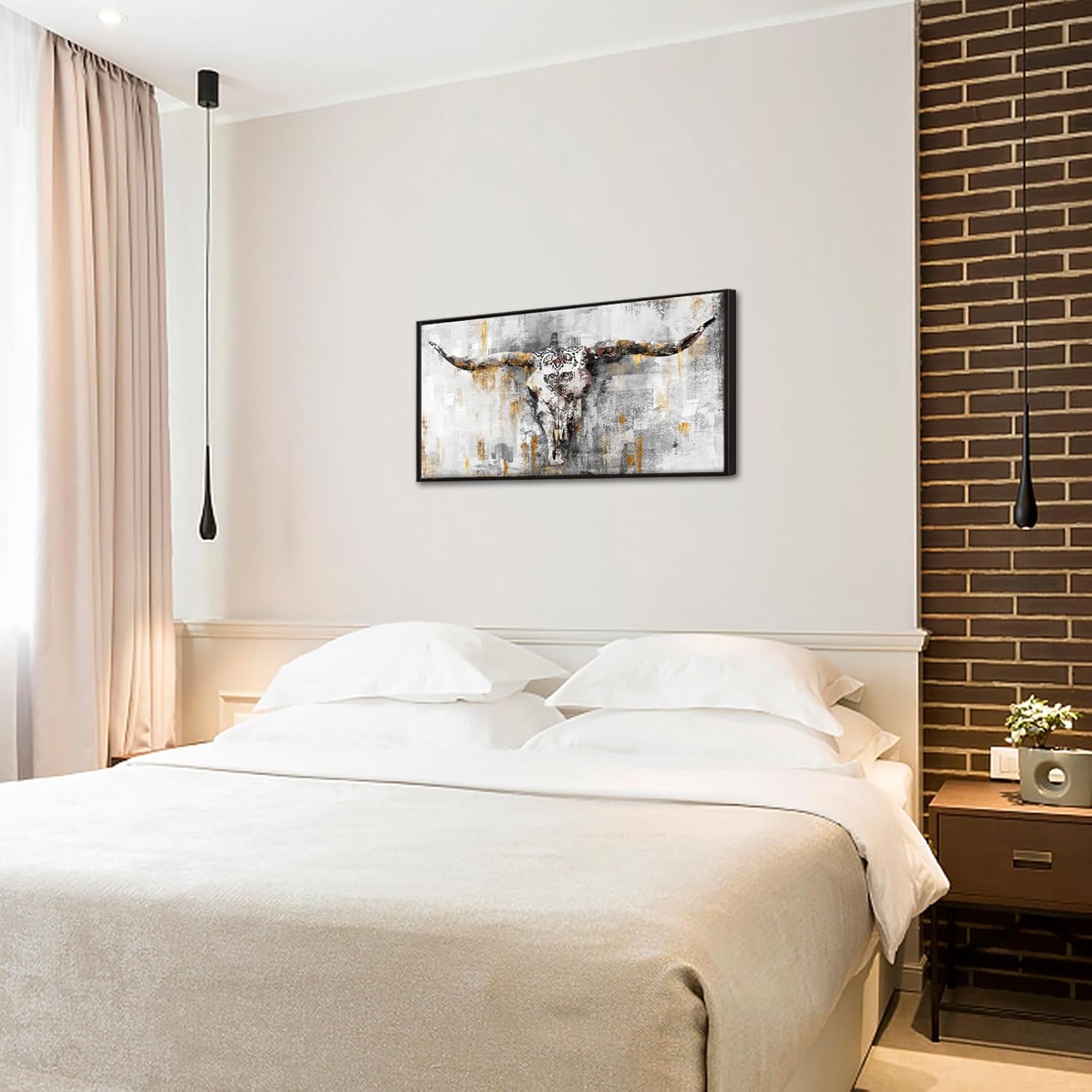 KREATIVE ARTS Vintage Bull Skull Canvas Wall Art 20x40 Inch Longhorn Head Print with Black Frame Rustic Cow Skull Painting for Farmhouse Living Room Bedroom Western Country Wildlife