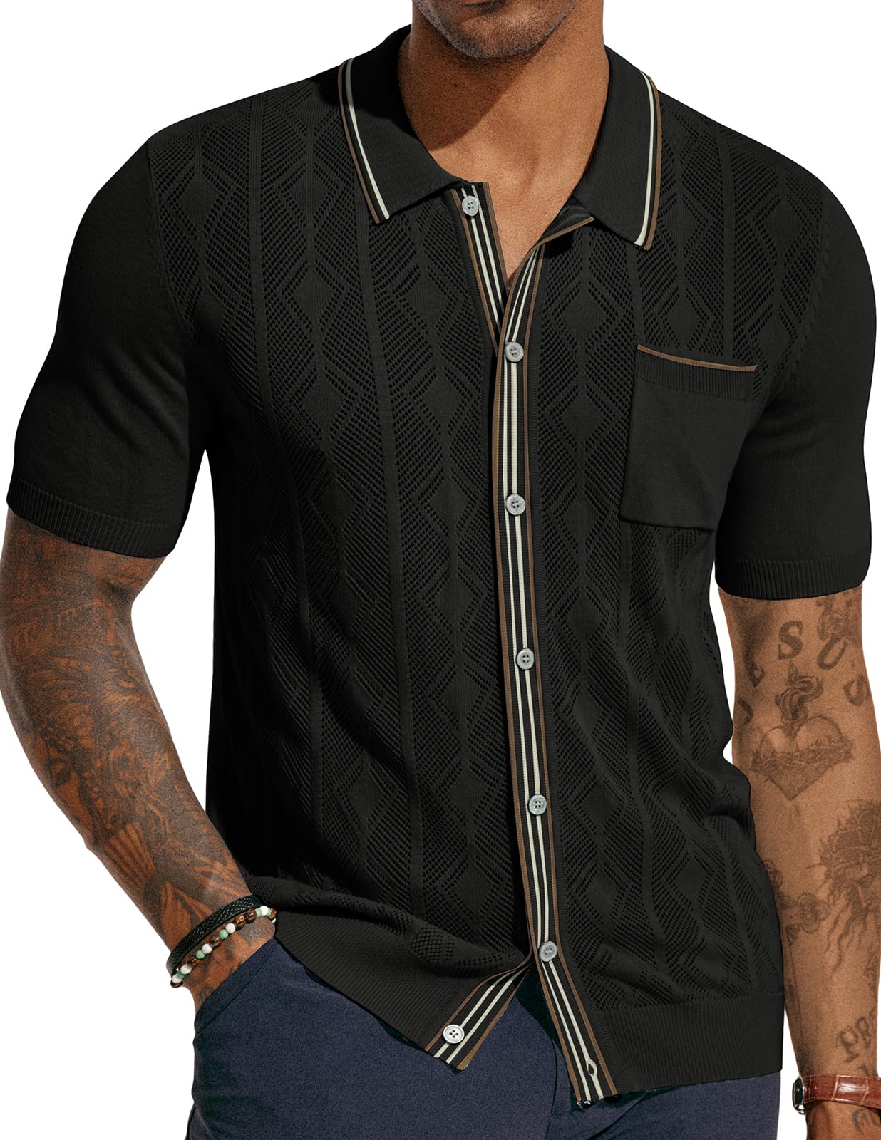 PJ PAUL JONESMen's Knit Polo Hollowed 70S Vintage Knit Shirts with Pocket