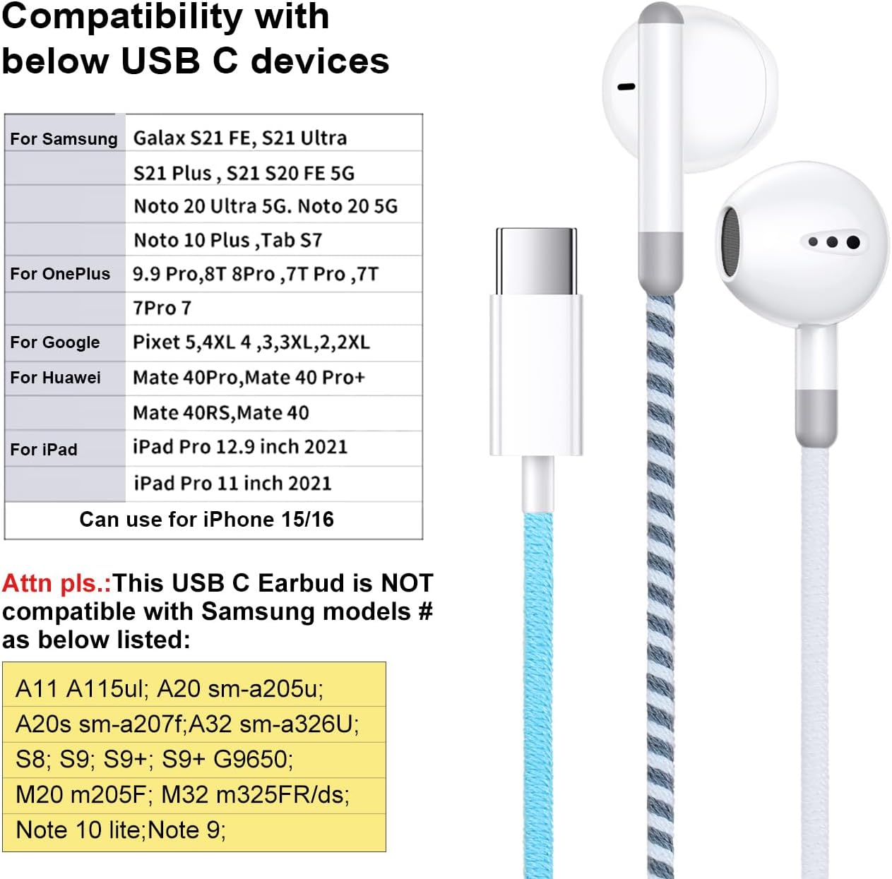 Cord Braided USB C Headphones Wired - Wrapped Type C Wired Earbuds in-Ear Colored Earphones with Mic Adjustable Volume Digital IC chip Compatible with Samsung for iPhone 15/16 image 3