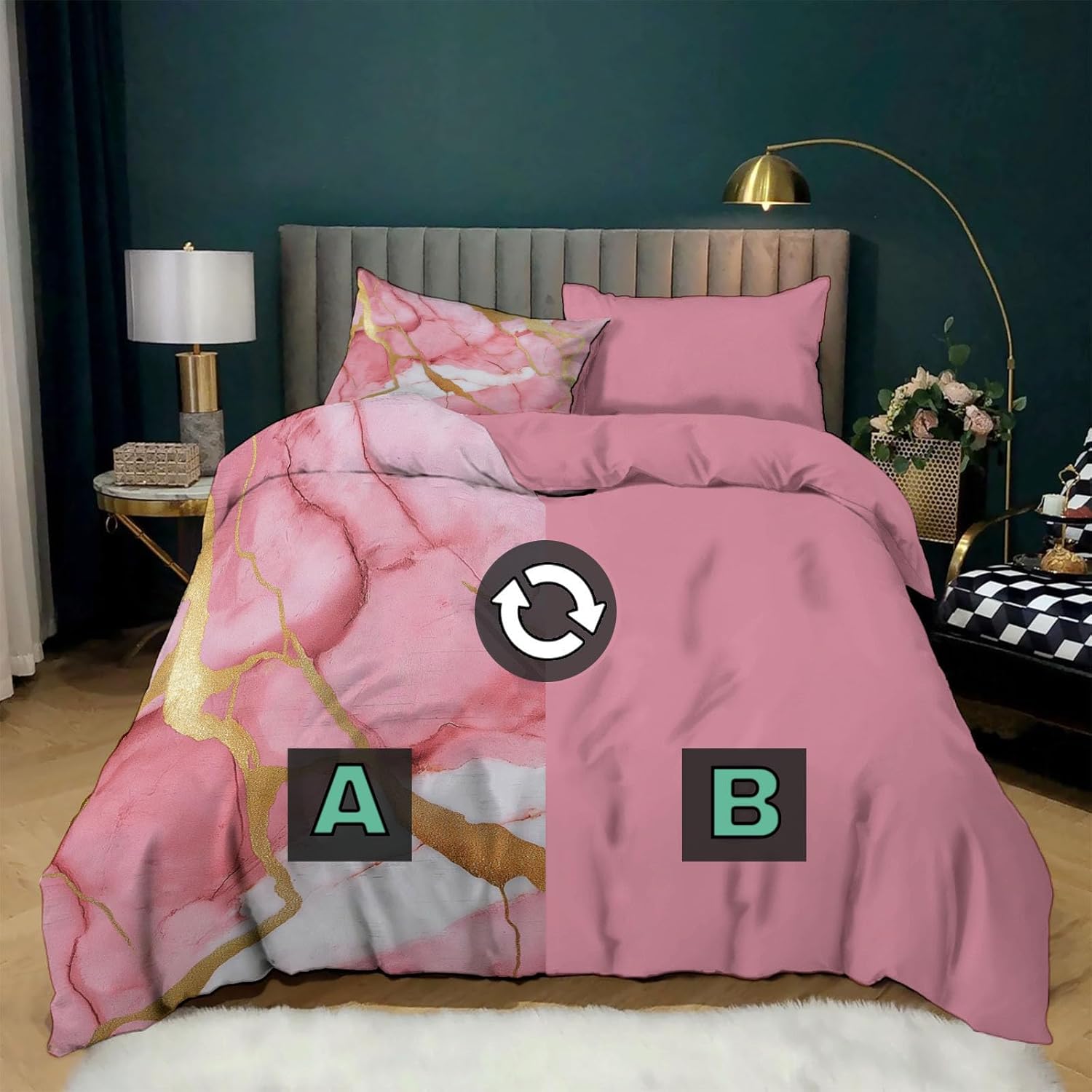 Pink White Marble Duvet Cover for Kids Boys GirlsKing Gold Texture Pattern Bedding Set Ultra Soft Comforter Cover Set Bedspread Cover Room Decor Bedclothes (No Comforter)