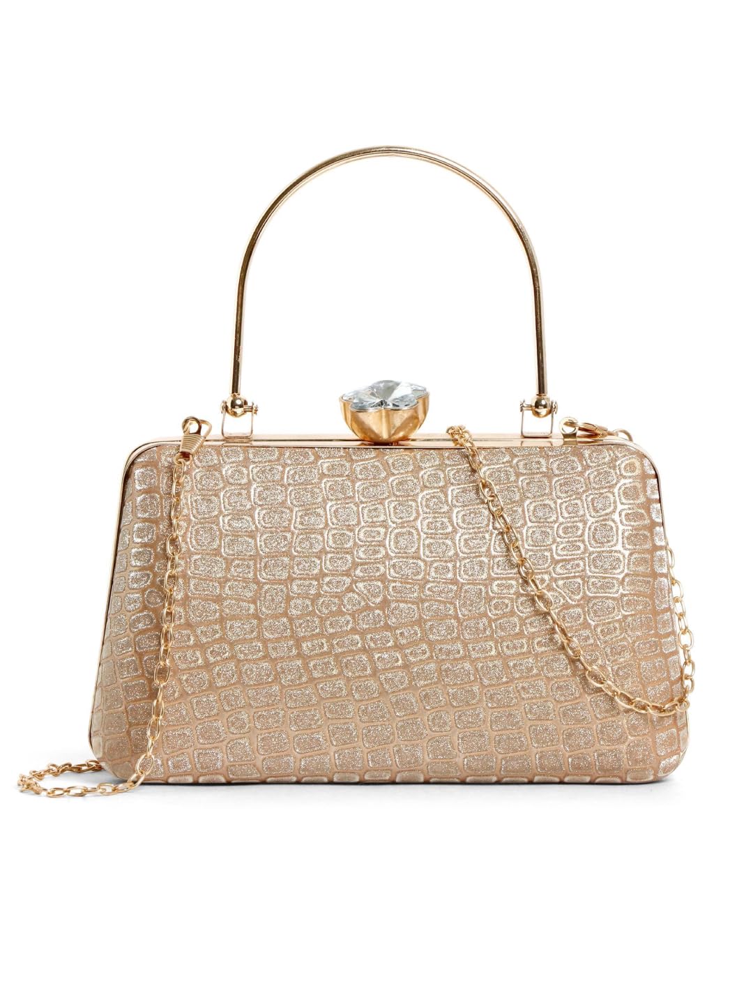 ascoon Gold Glitter Women Clutch Bag with Metal Top Handle, Chain Strap, Crystal Clasp, Evening Wedding Purse-picture-52